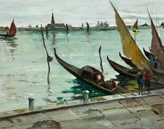 Mid Century Italian Impressionist Oil Venice Lagoon Sludgy Green Colors Gondolas