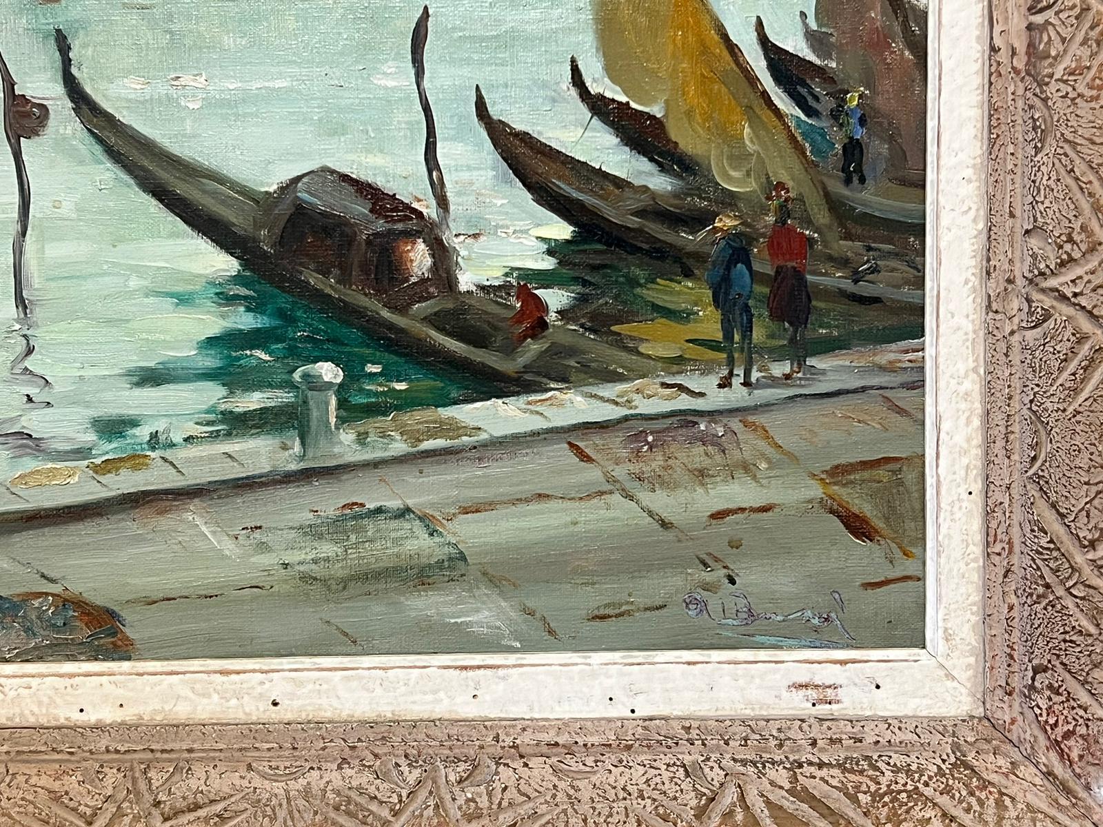 Mid Century Italian Impressionist Oil Venice Lagoon Sludgy Green Colors Gondolas - Post-Impressionist Painting by Italian vintage