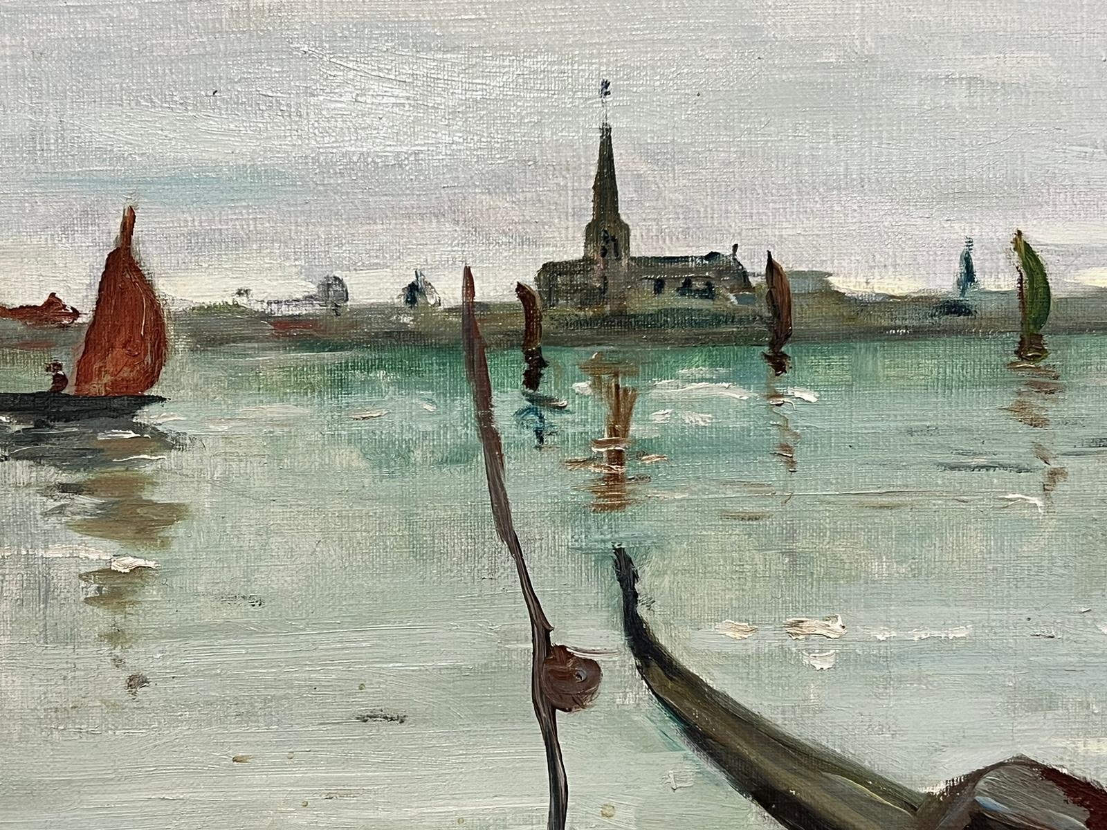 Óleo Impresionista Italiano de Mediados de Siglo Laguna de Venecia Colores Verdes Góndolas en venta 1