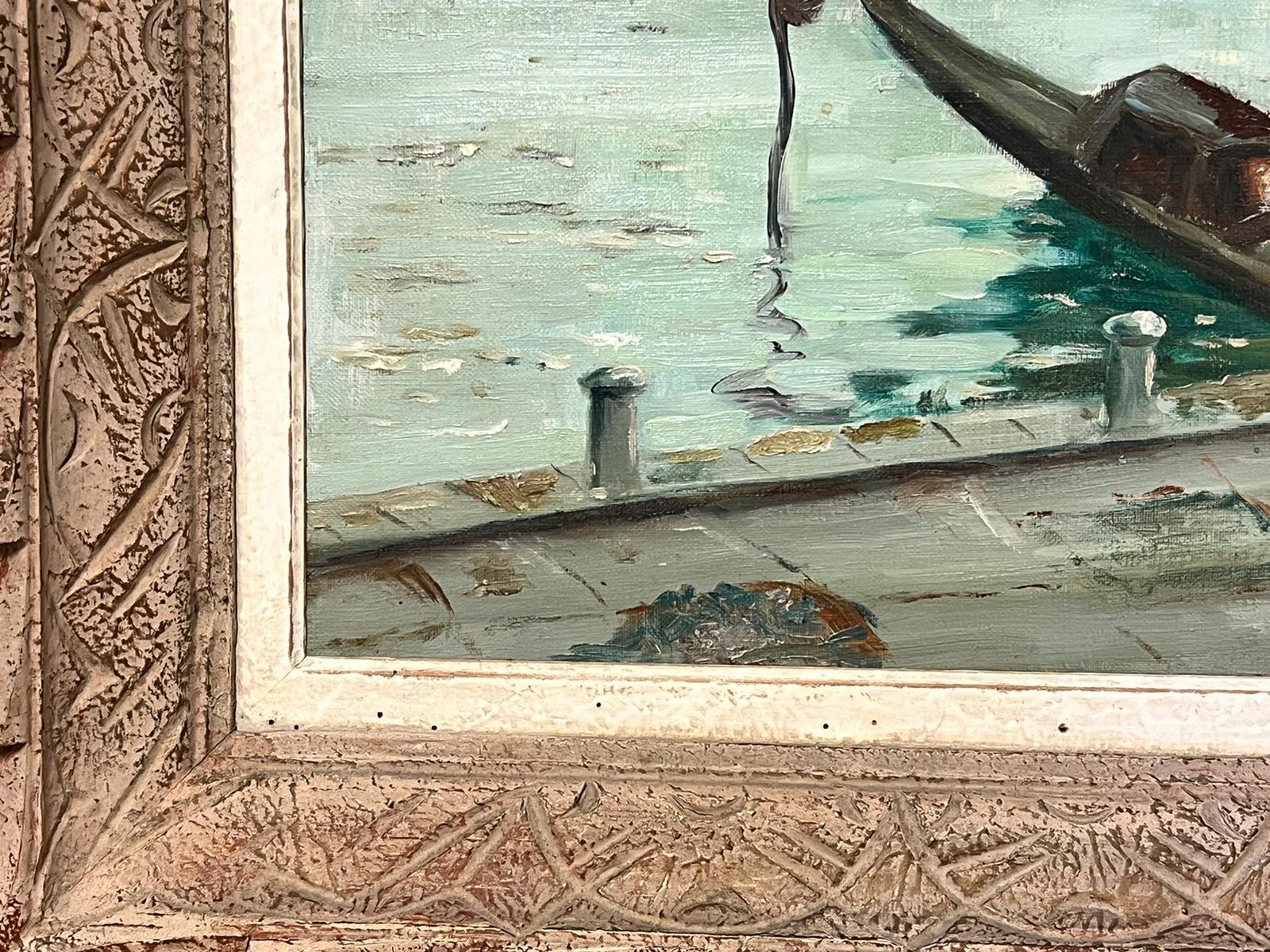 Óleo Impresionista Italiano de Mediados de Siglo Laguna de Venecia Colores Verdes Góndolas en venta 2