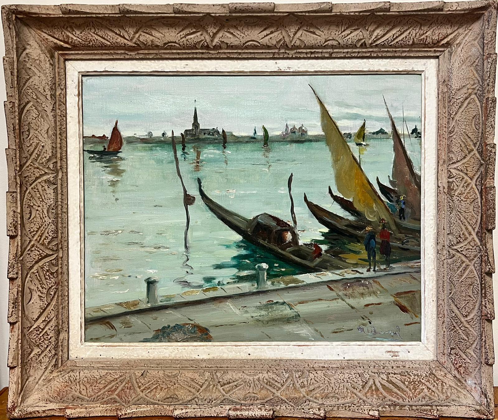 Landscape Painting de Italian vintage - Óleo Impresionista Italiano de Mediados de Siglo Laguna de Venecia Colores Verdes Góndolas