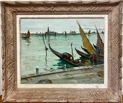 Mid Century Italian Impressionist Oil Venice Lagoon Sludgy Green Colors Gondolas