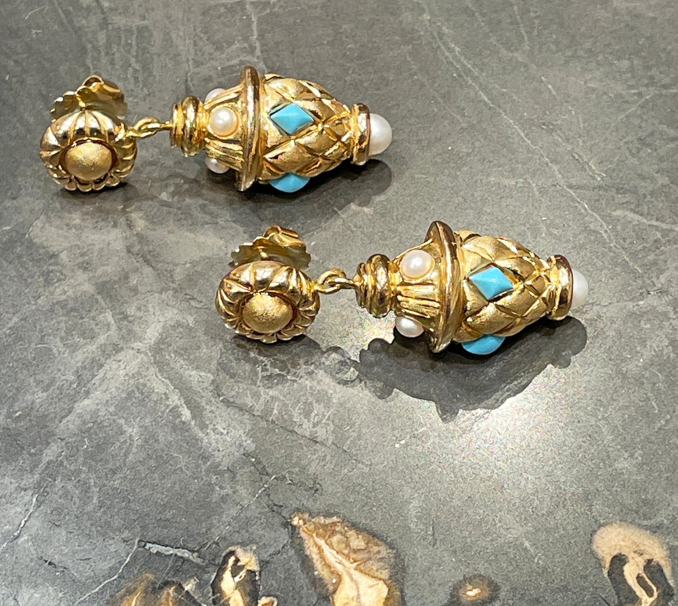 Orecchini a goccia in oro 14K di ispirazione etrusca con turchese e perle, 1980 in vendita 7