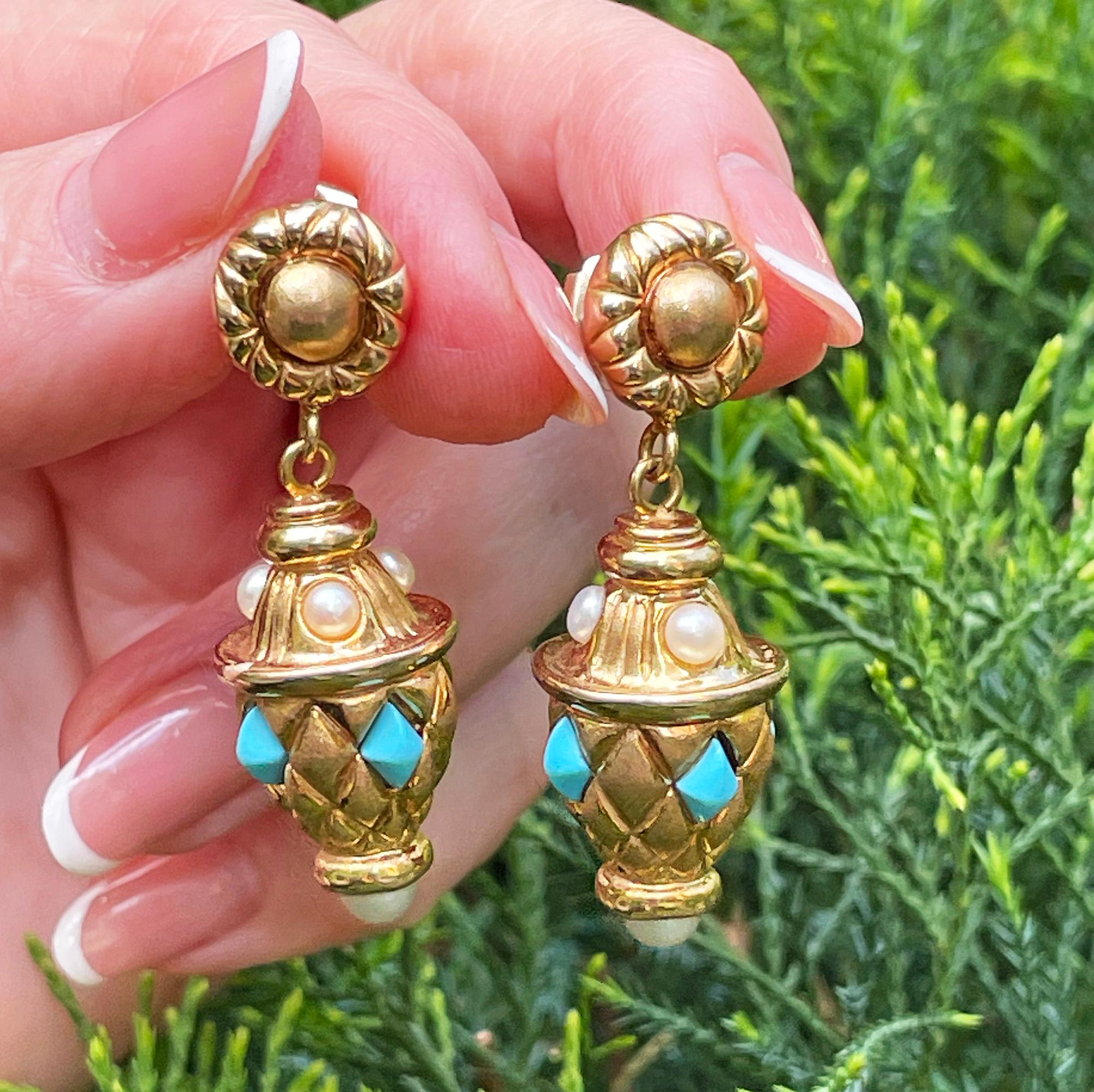 Orecchini a goccia in oro 14K di ispirazione etrusca con turchese e perle, 1980 in vendita 8