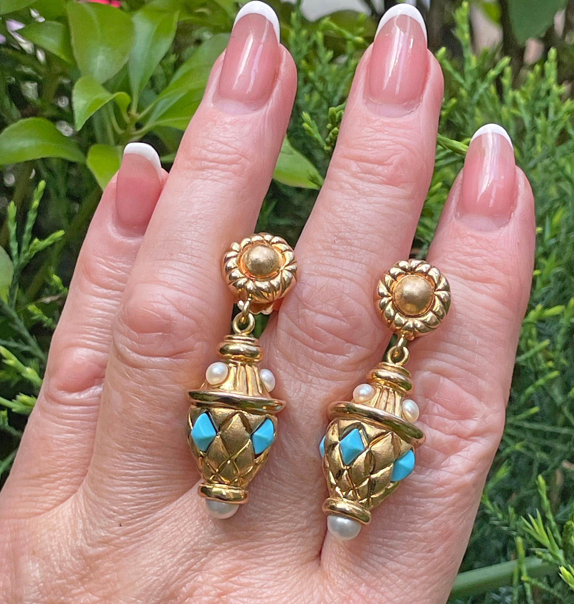 Orecchini a goccia in oro 14K di ispirazione etrusca con turchese e perle, 1980 in vendita 9