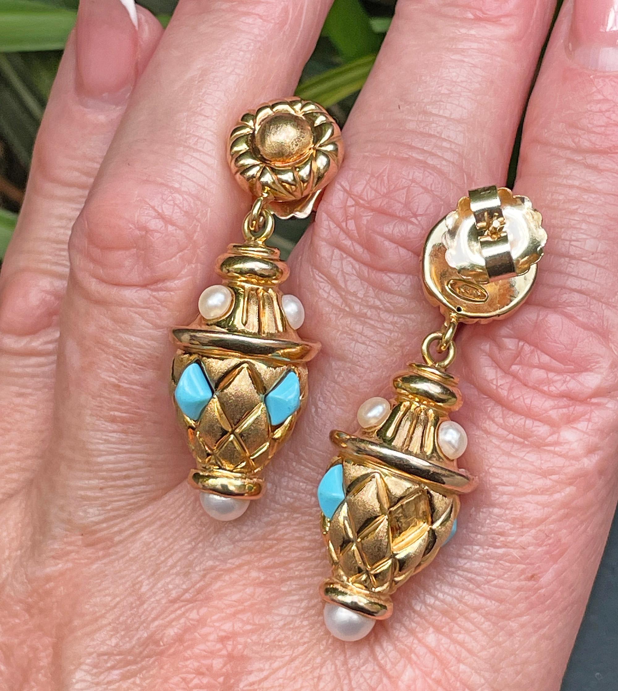 Orecchini a goccia in oro 14K di ispirazione etrusca con turchese e perle, 1980 in vendita 10
