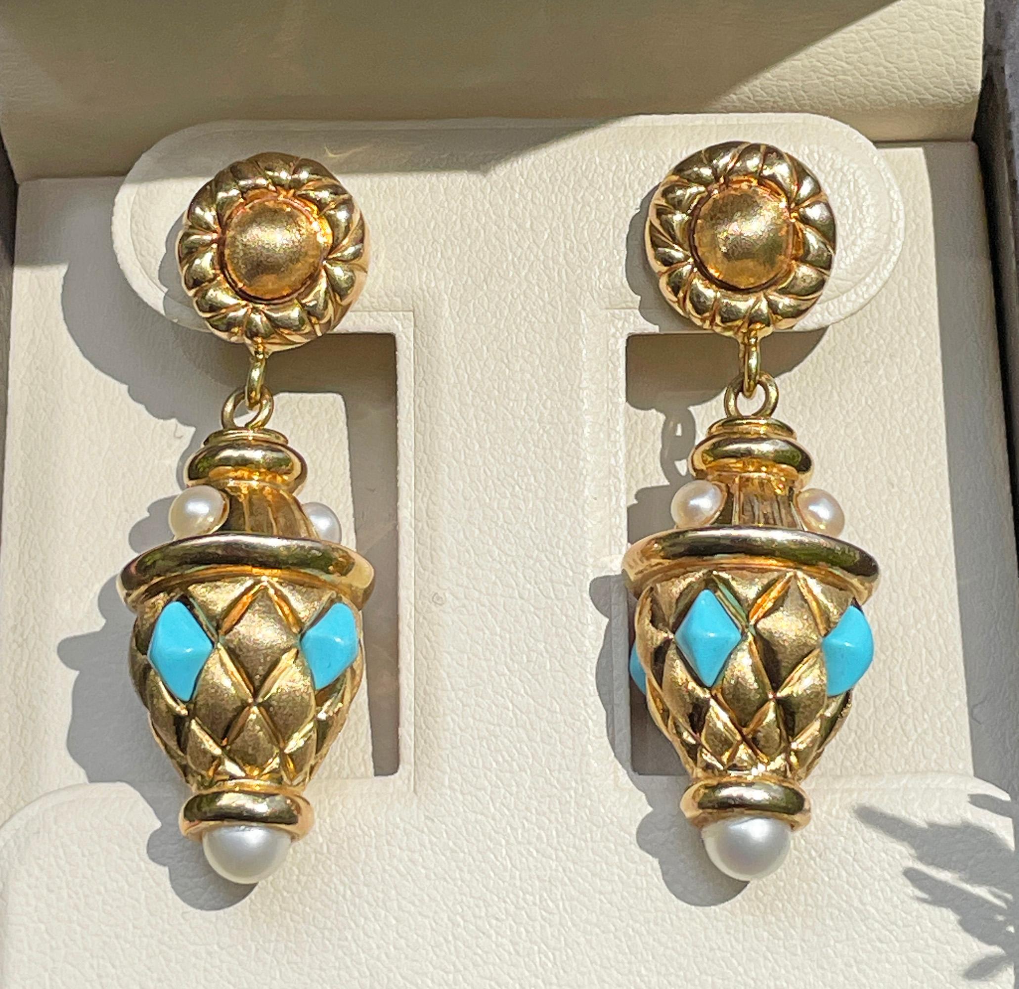 Orecchini a goccia in oro 14K di ispirazione etrusca con turchese e perle, 1980 in vendita 12