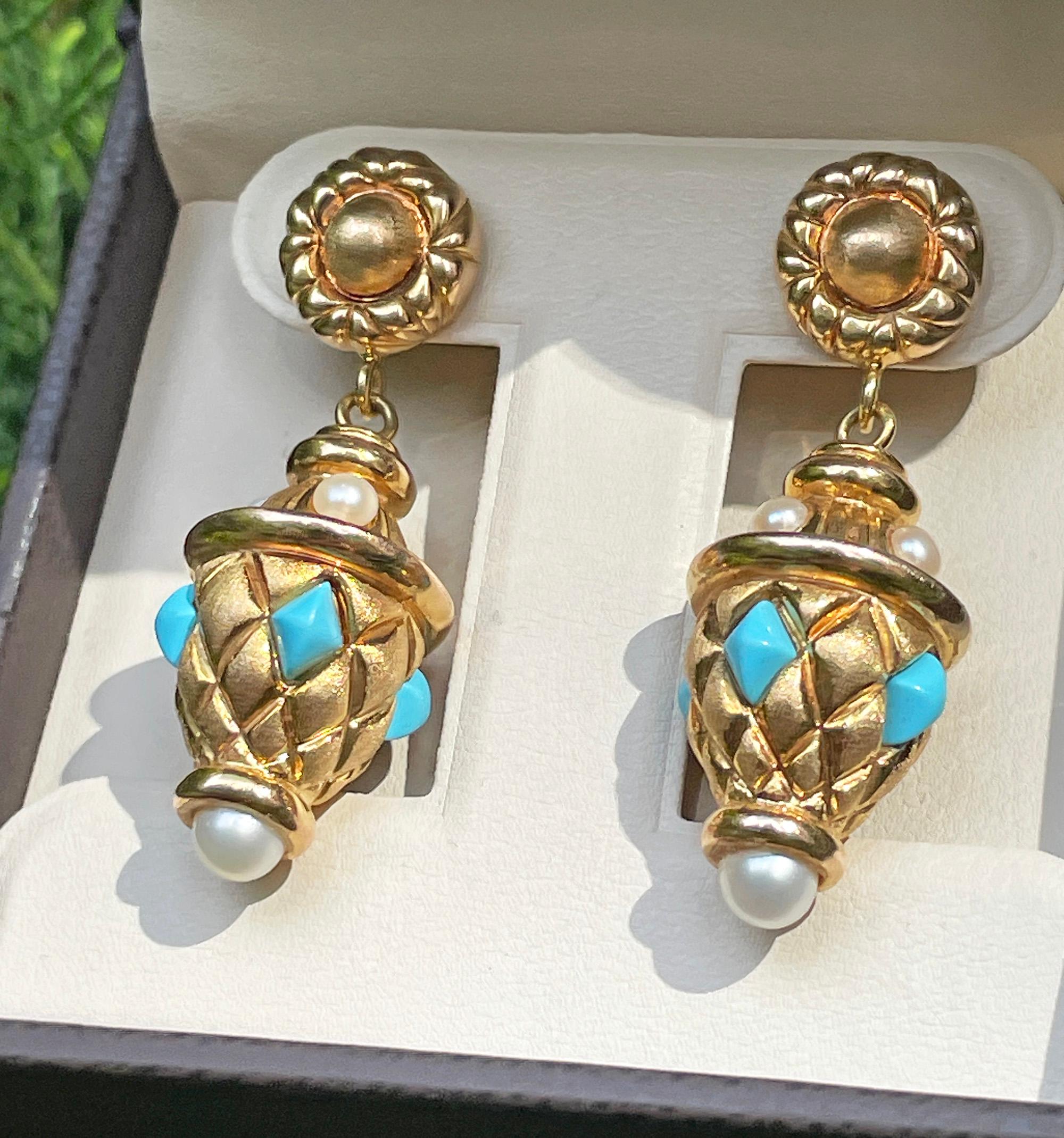 Orecchini a goccia in oro 14K di ispirazione etrusca con turchese e perle, 1980 in vendita 14