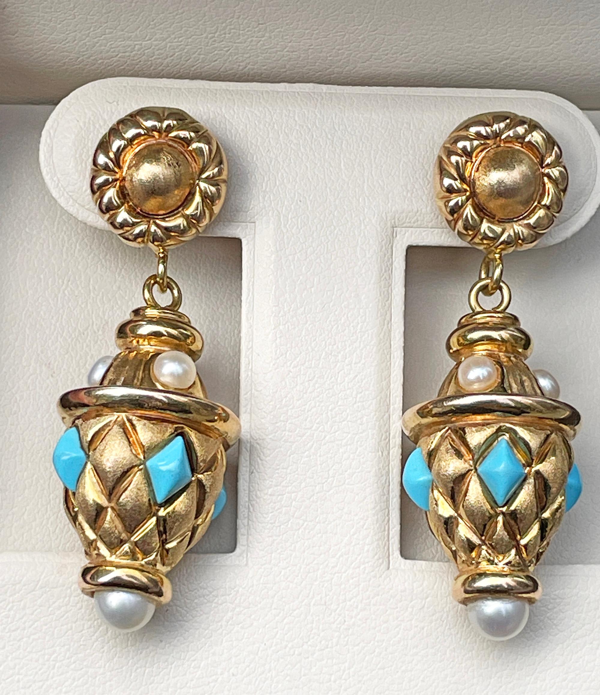 Orecchini a goccia in oro 14K di ispirazione etrusca con turchese e perle, 1980 in vendita 2