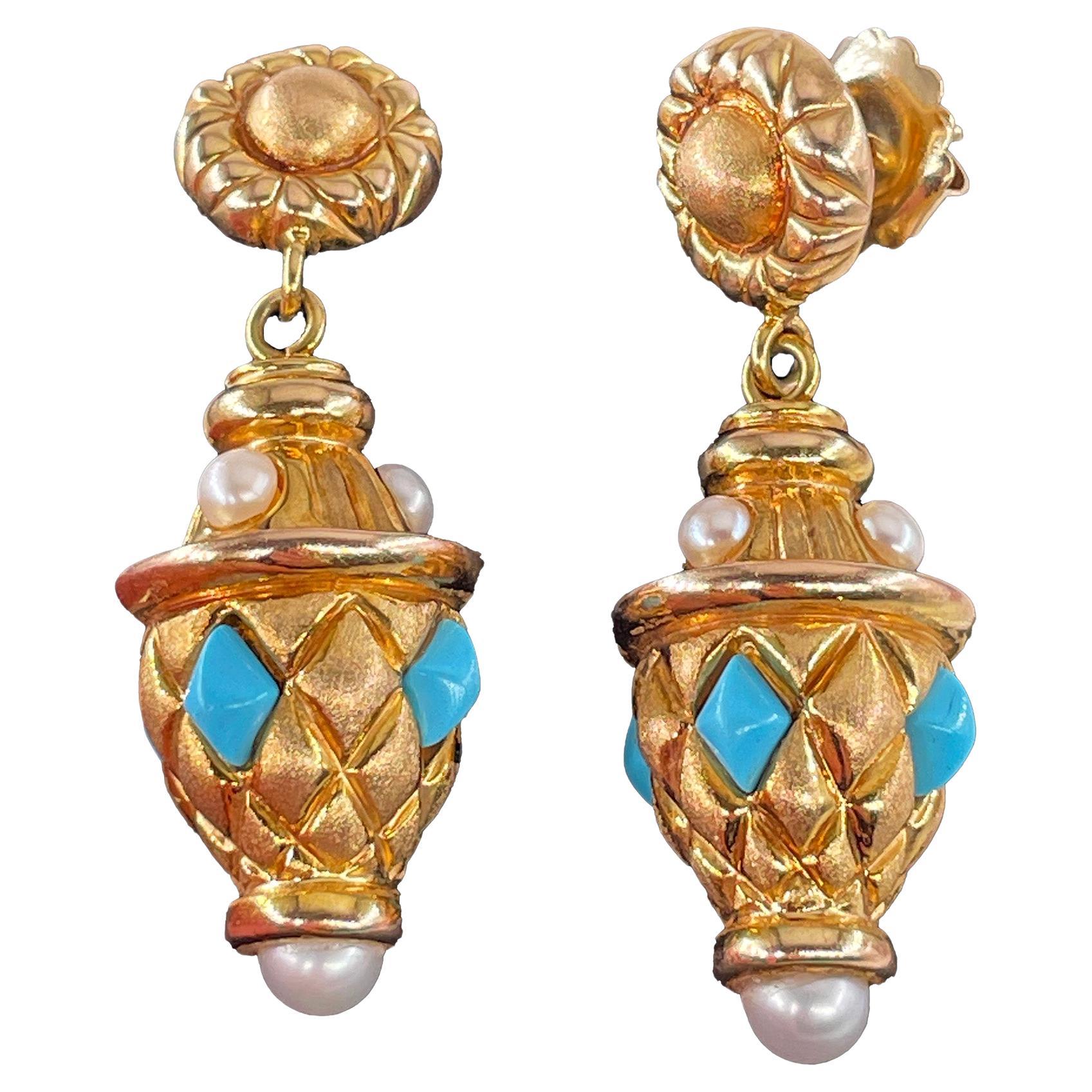 Italian Vintage 14K Gold Etruscan Inspired Turquoise & Pearl Drop Earrings, 1980