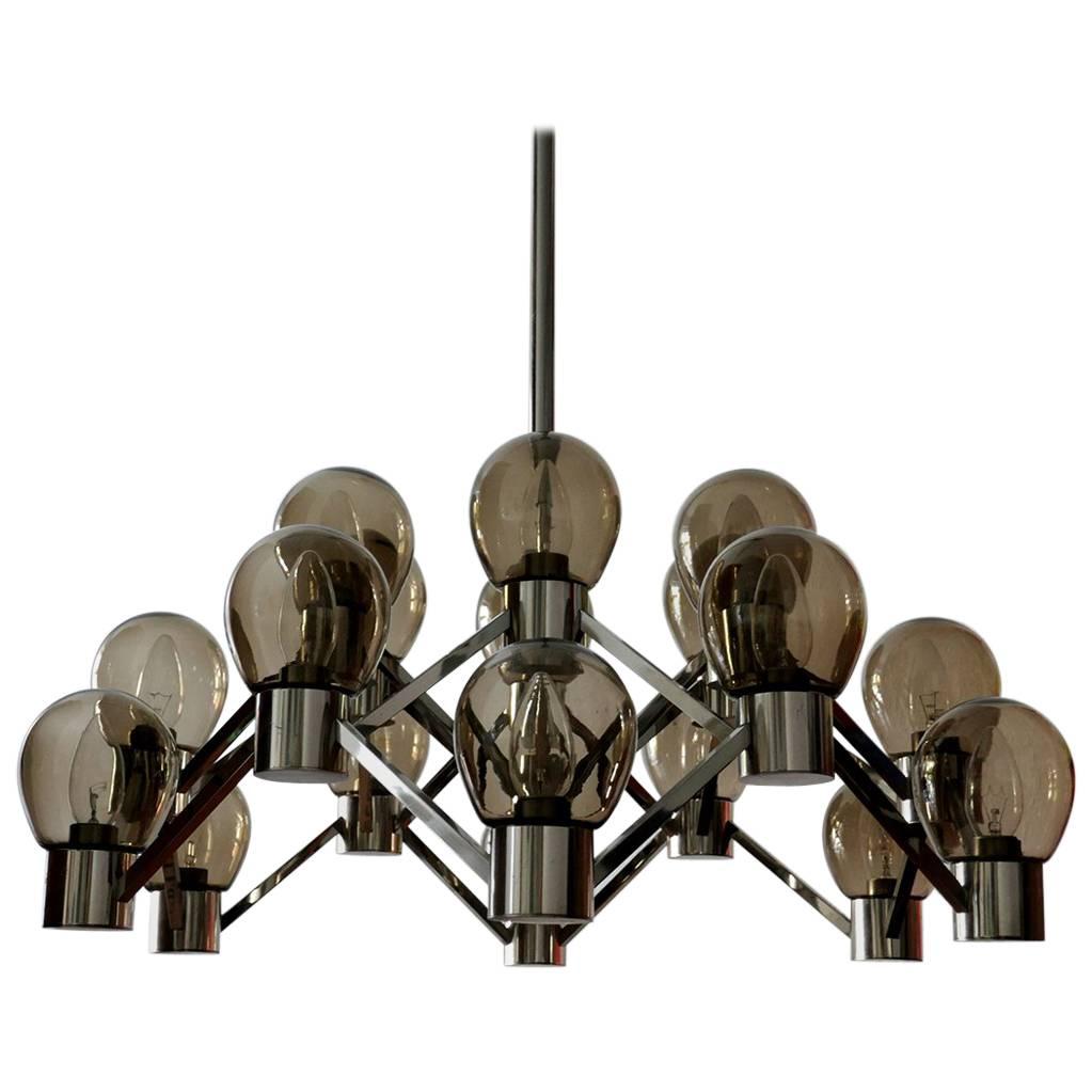 Italian Vintage 18-Arm Sculptural Chandelier Glass and Chrome Pendant, 1960s