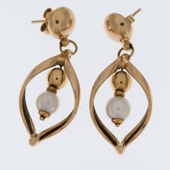 Italian Vintage 18kt Yellow Gold Dangle Earrings with Pearls