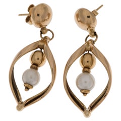 Italian Vintage 18kt Yellow Gold Dangle Earrings with Pearls