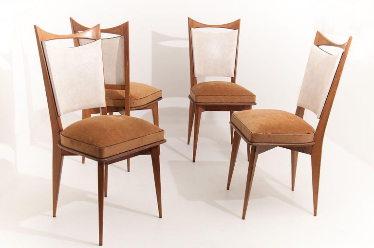 Italian Vintage 1950 Chairs In Blond Wood Brown Fabric And