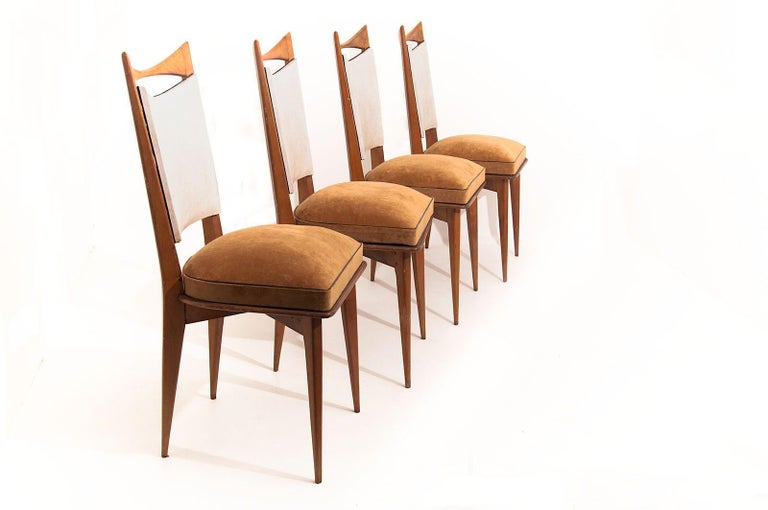 Italian Vintage 1950 Chairs In Blond Wood Brown Fabric And