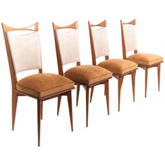 Italian Vintage 1950 Chairs, in Blond Wood, Brown Fabric and Vinyl, Set of Four