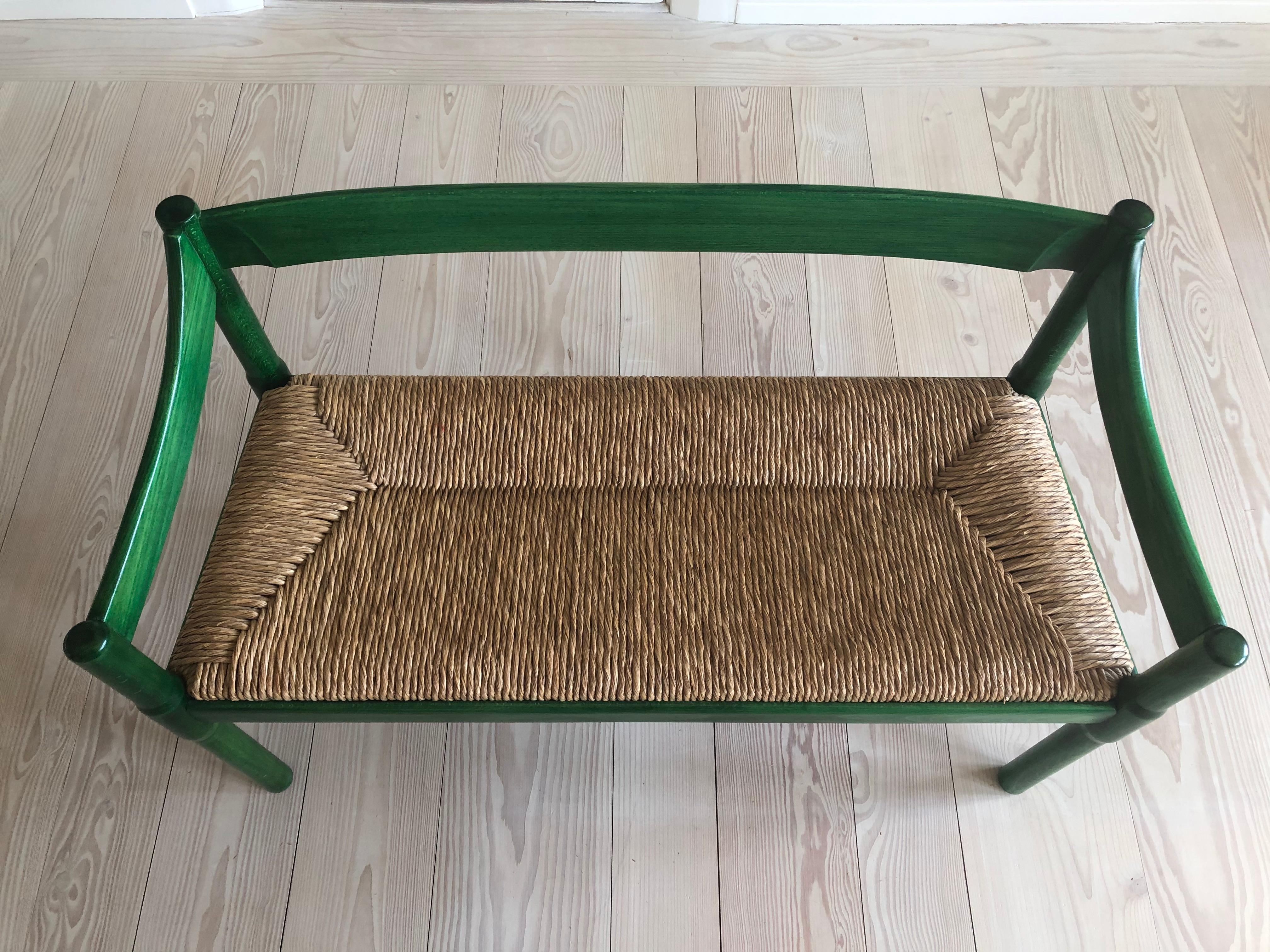 Hand-Painted Italian Vintage 1950s Vico Magistretti Green Carimate Bench in Wicker and Wood