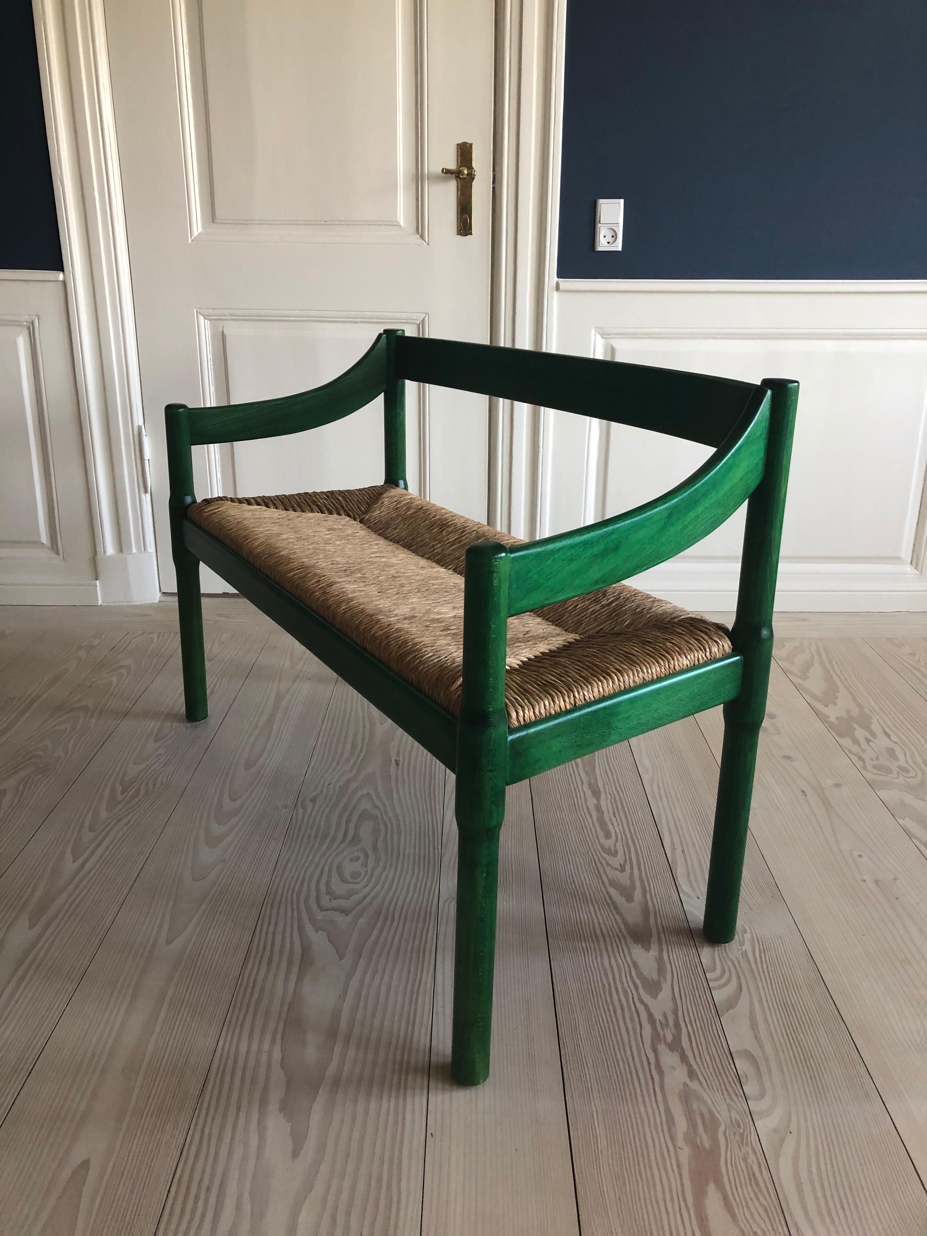 Italian Vintage 1950s Vico Magistretti Green Carimate Bench in Wicker and Wood In Good Condition In Copenhagen K, DK