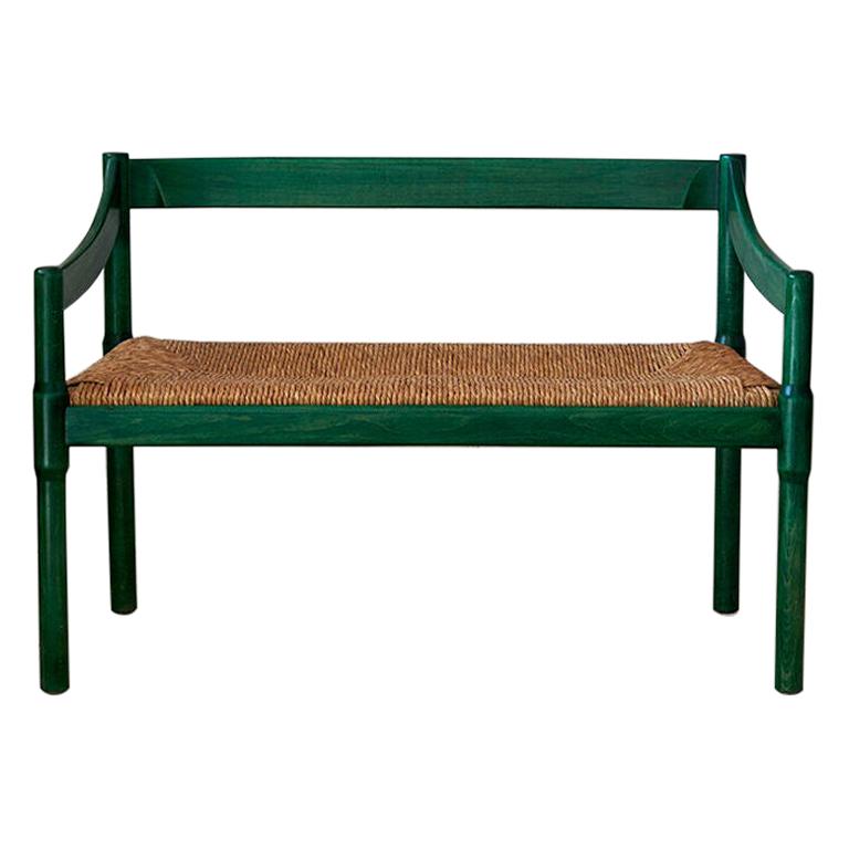 Italian Vintage 1950s Vico Magistretti Green Carimate Bench in Wicker and Wood