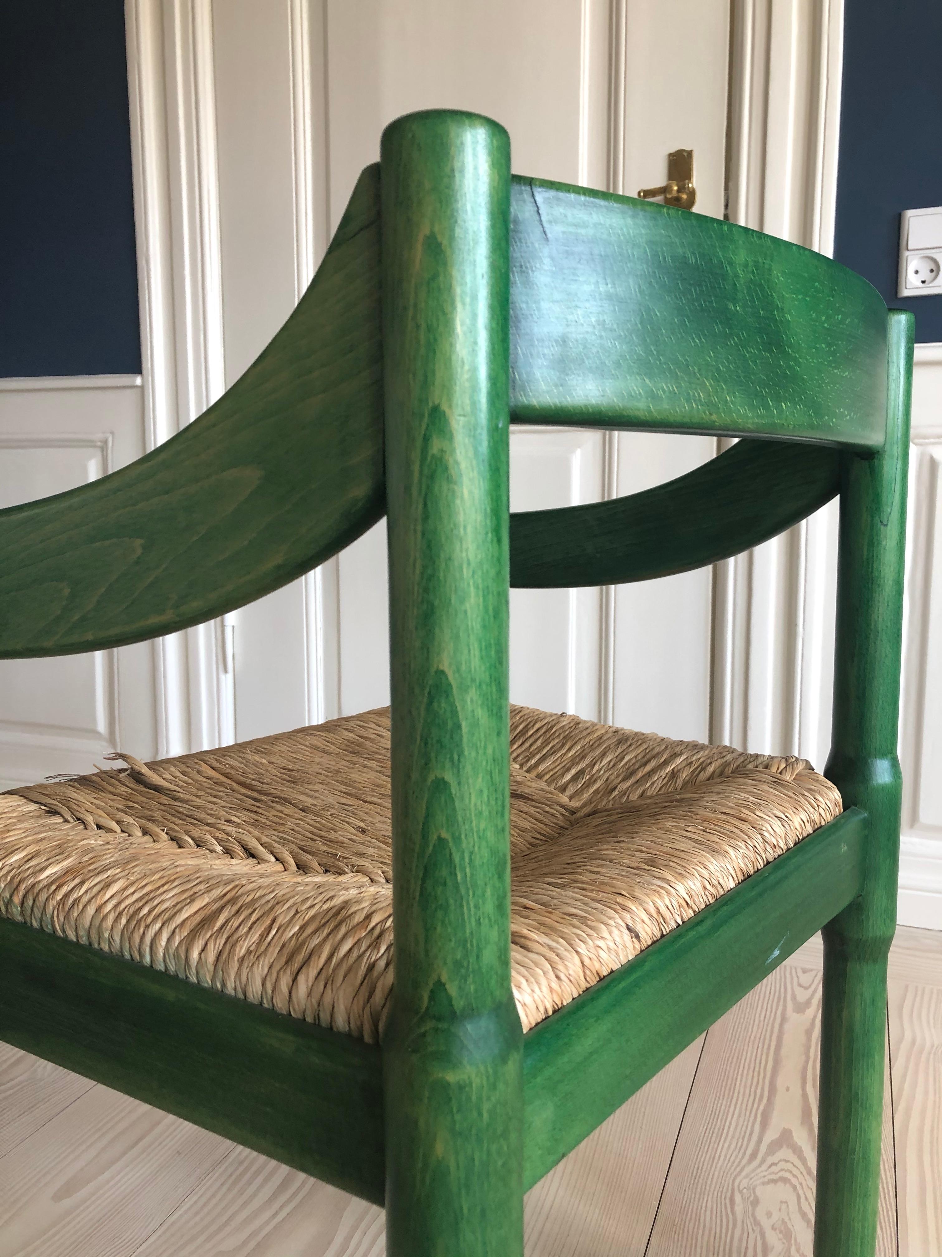 Hand-Painted Italian Vintage 1950s Vico Magistretti Green Wood and Wicker Carimate Armchair