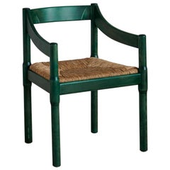 Italian Vintage 1950s Vico Magistretti Green Wood and Wicker Carimate Armchair