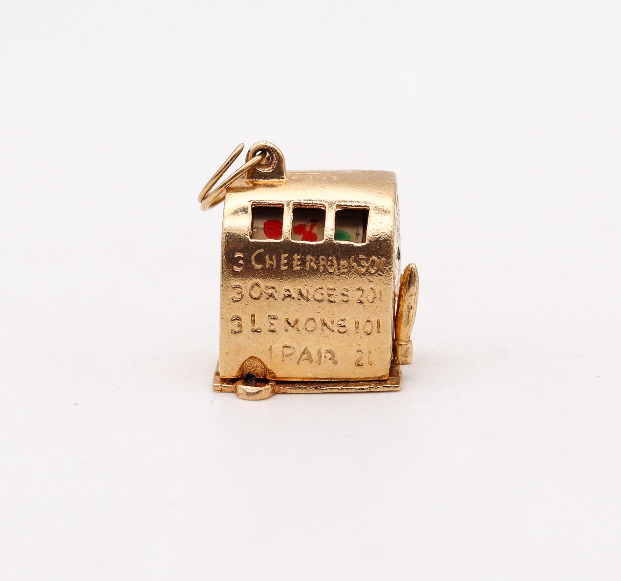 Casino slot machine charm-pendant 

Beautiful and highly detailed three-dimensional piece, created in Italy during the post-war and the mid-century period, back in the 1960. This stunning playful toy charm has been crafted with mechanical movements