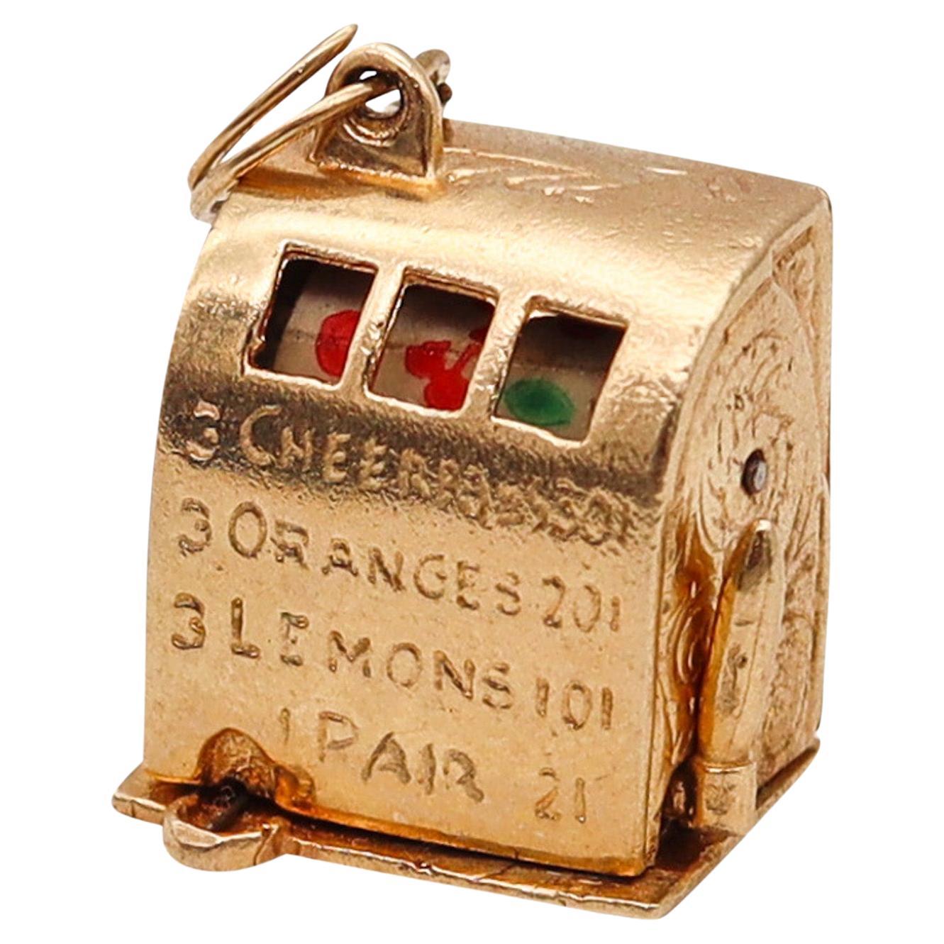 Italienischer Vintage- Casino- Slot Machine-Charm-Anhänger aus massivem 14 Karat Gelbgold, 1960