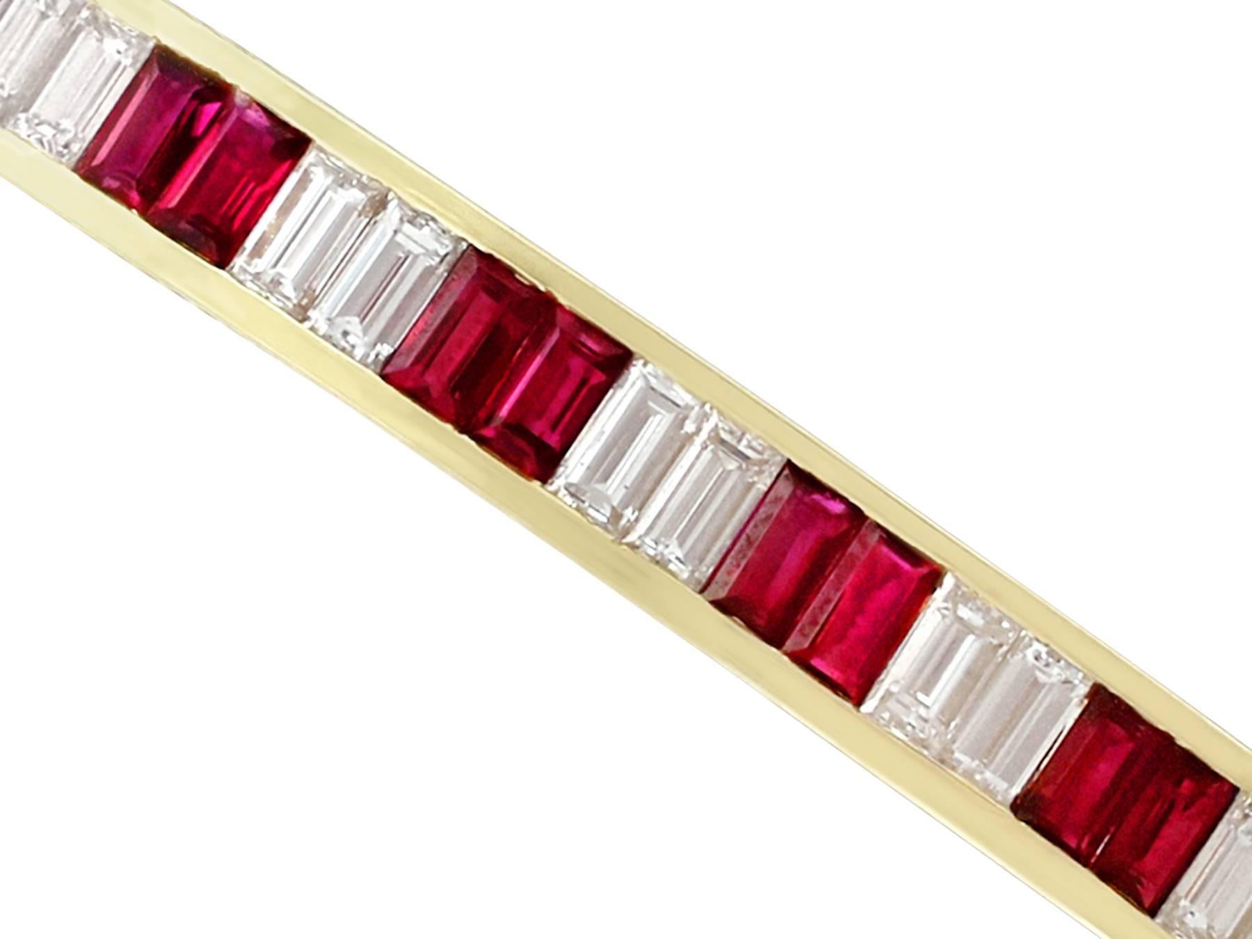 Baguette Cut Contemporary Italian 2.10 Carat Ruby and 1.69 Carat Diamond Yellow Gold Bangle For Sale