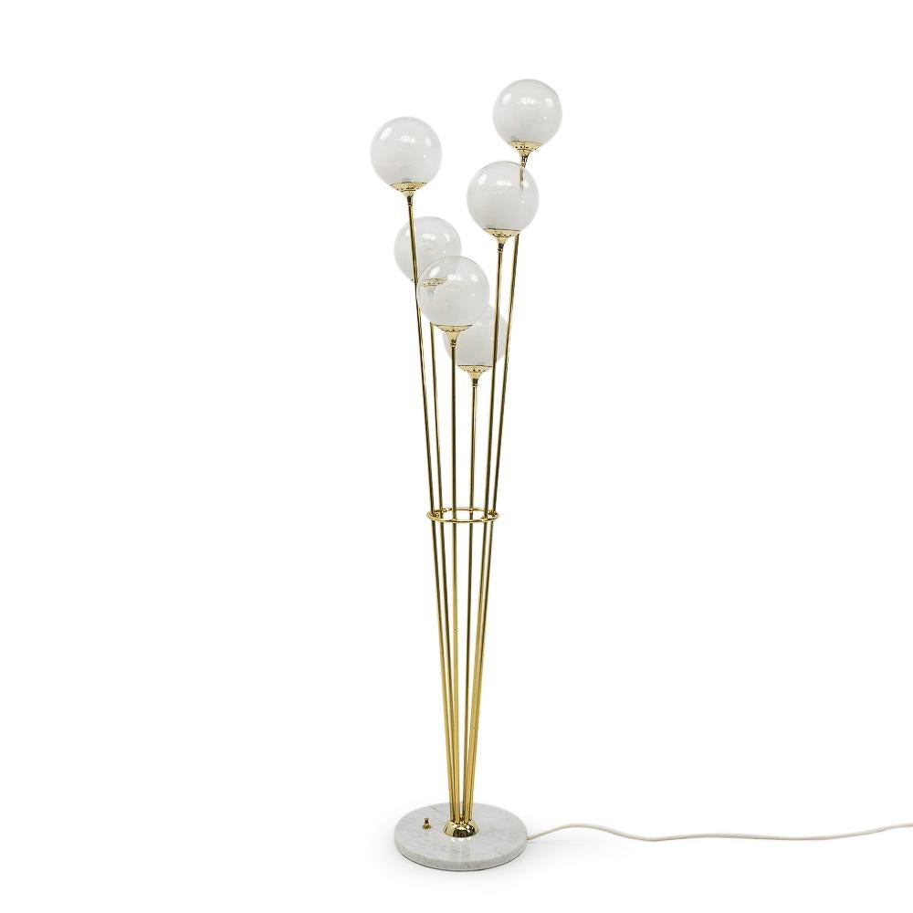 Italian Vintage “Alberello” Floor Lamp, most likely a Stilnovo production from the 1960s.
This highly decorative floor lamp stands on a marble base, and consists of six stems in gilded brass, it is beautiful in appearance and due to its smaller