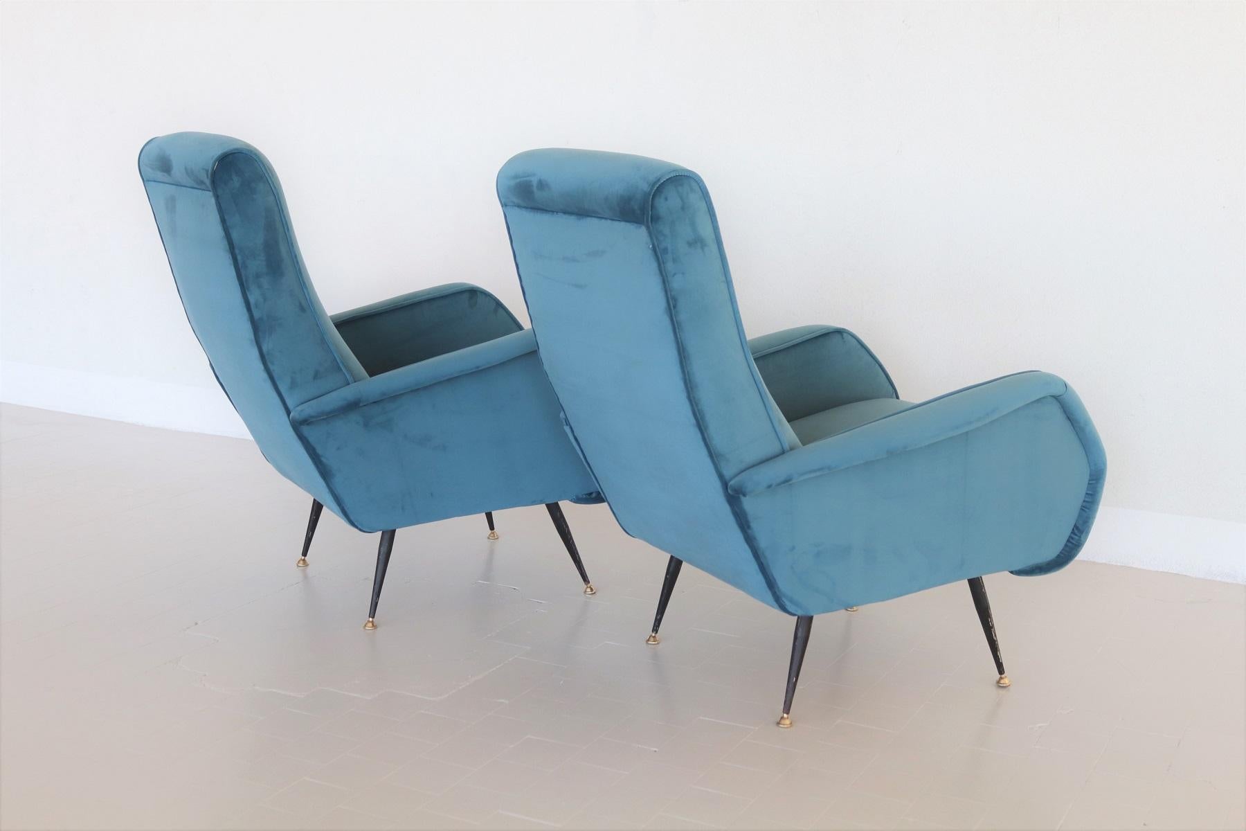 Italian Vintage Armchairs in Blue Velvet and Brass Stiletto Feet, 1950s 5