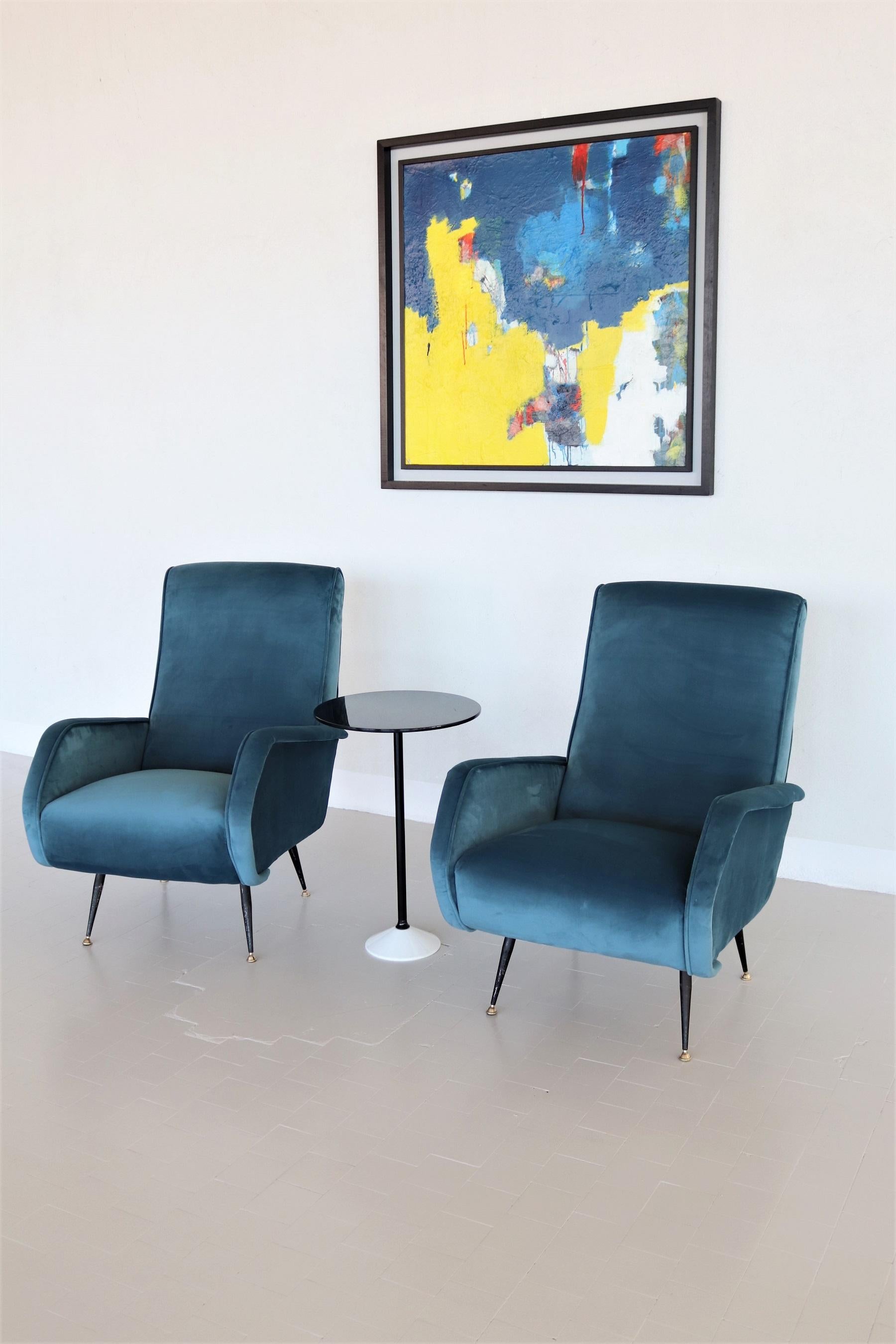 Italian Vintage Armchairs in Blue Velvet and Brass Stiletto Feet, 1950s 6