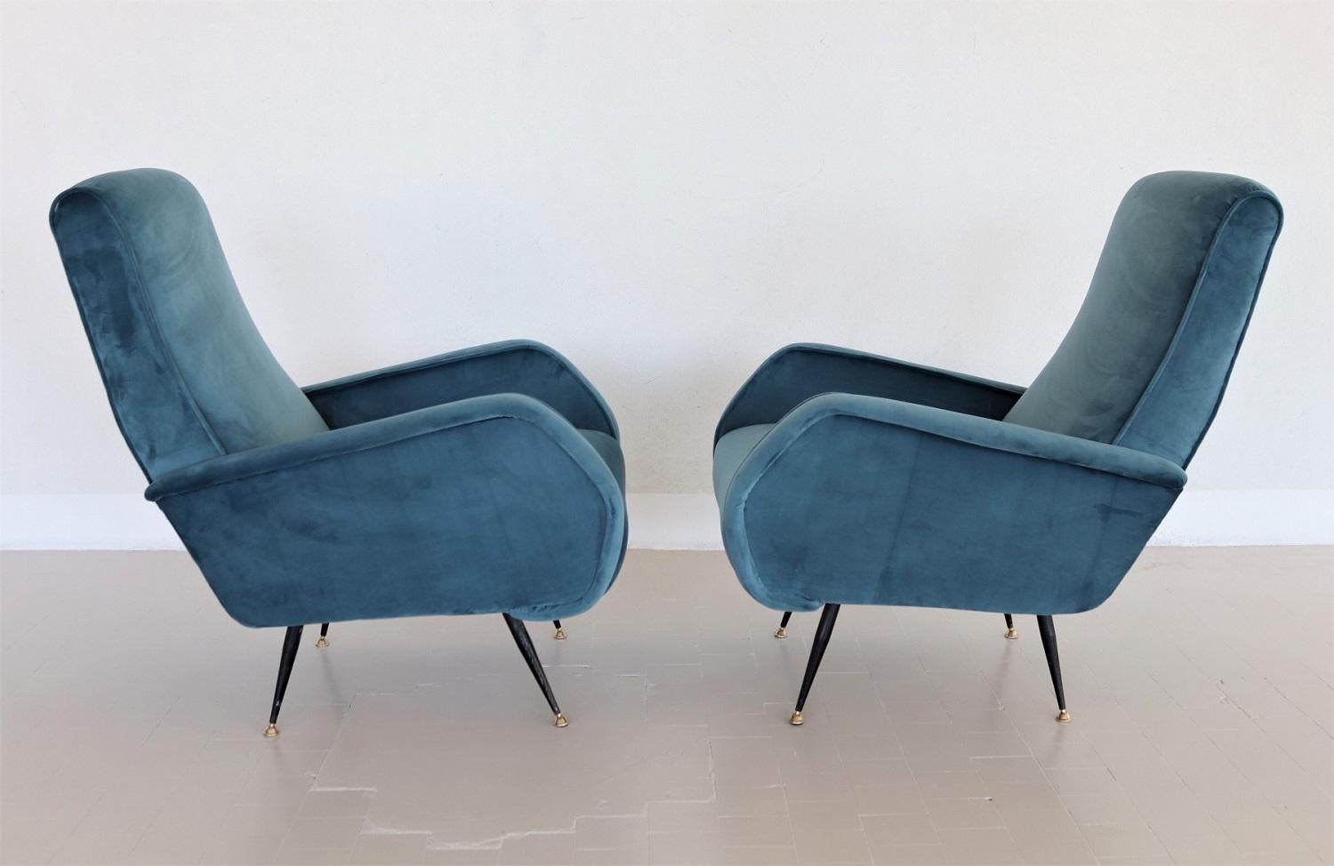 Mid-20th Century Italian Vintage Armchairs in Blue Velvet and Brass Stiletto Feet, 1950s