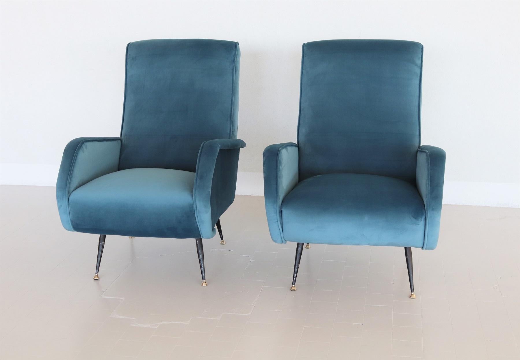 Italian Vintage Armchairs in Blue Velvet and Brass Stiletto Feet, 1950s 1