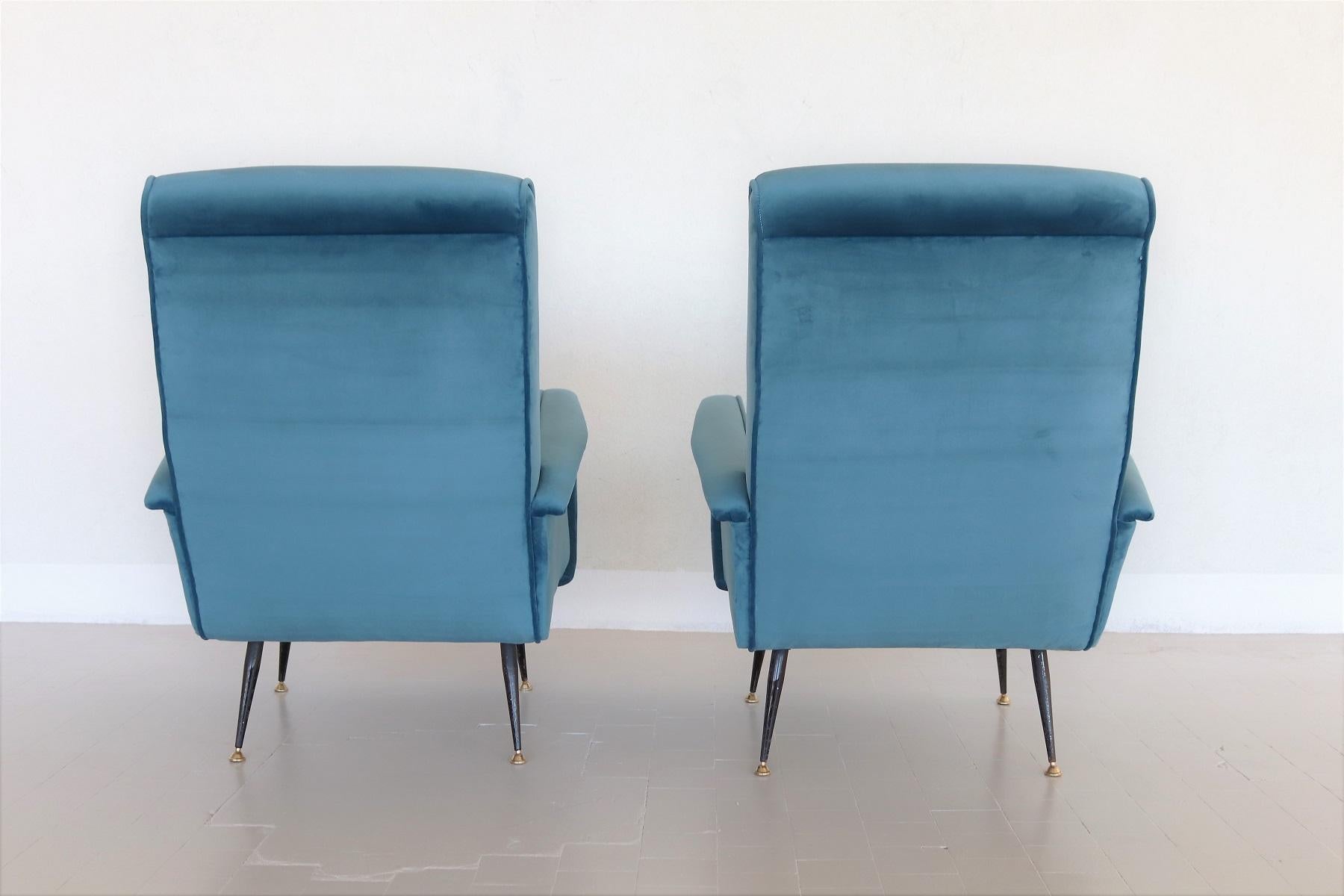 Italian Vintage Armchairs in Blue Velvet and Brass Stiletto Feet, 1950s 2
