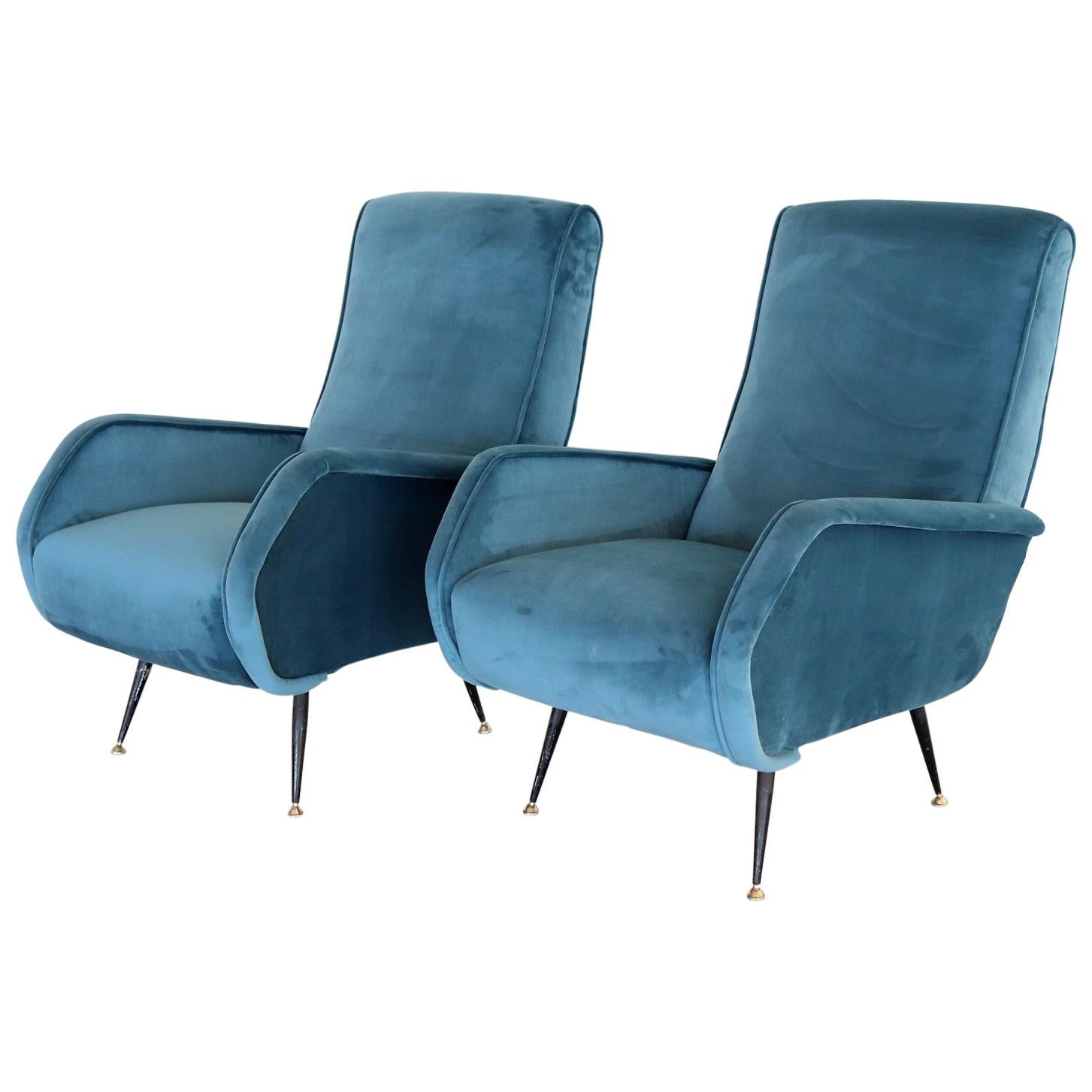 Italian Vintage Armchairs in Blue Velvet and Brass Stiletto Feet, 1950s