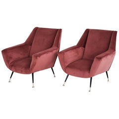 Italian Vintage Armchairs in Coral Red Velvet and Brass Stiletto Feet, 1950s