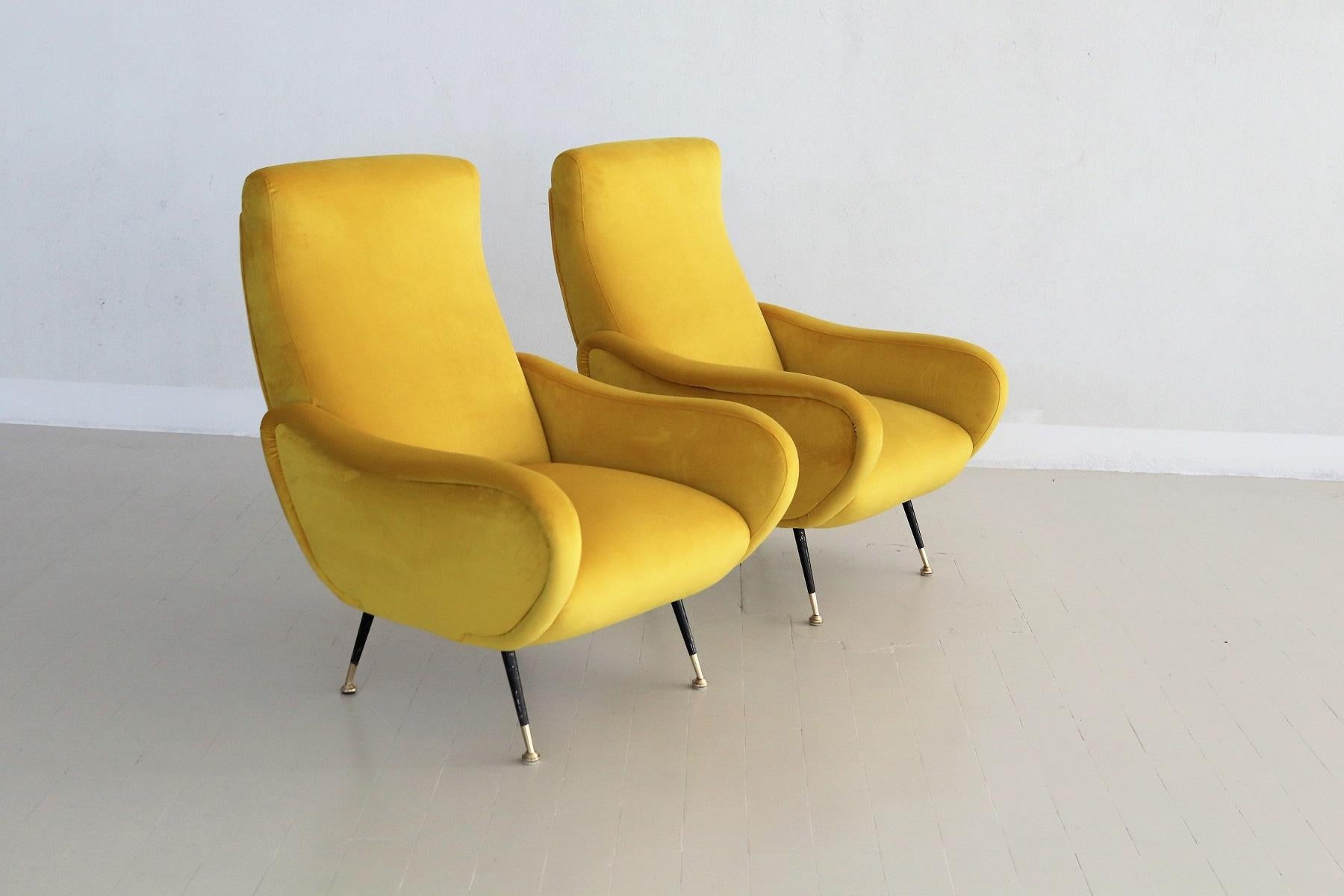 Italian Vintage Armchairs in Yellow Velvet and Brass Stiletto Feet, 1950s 14