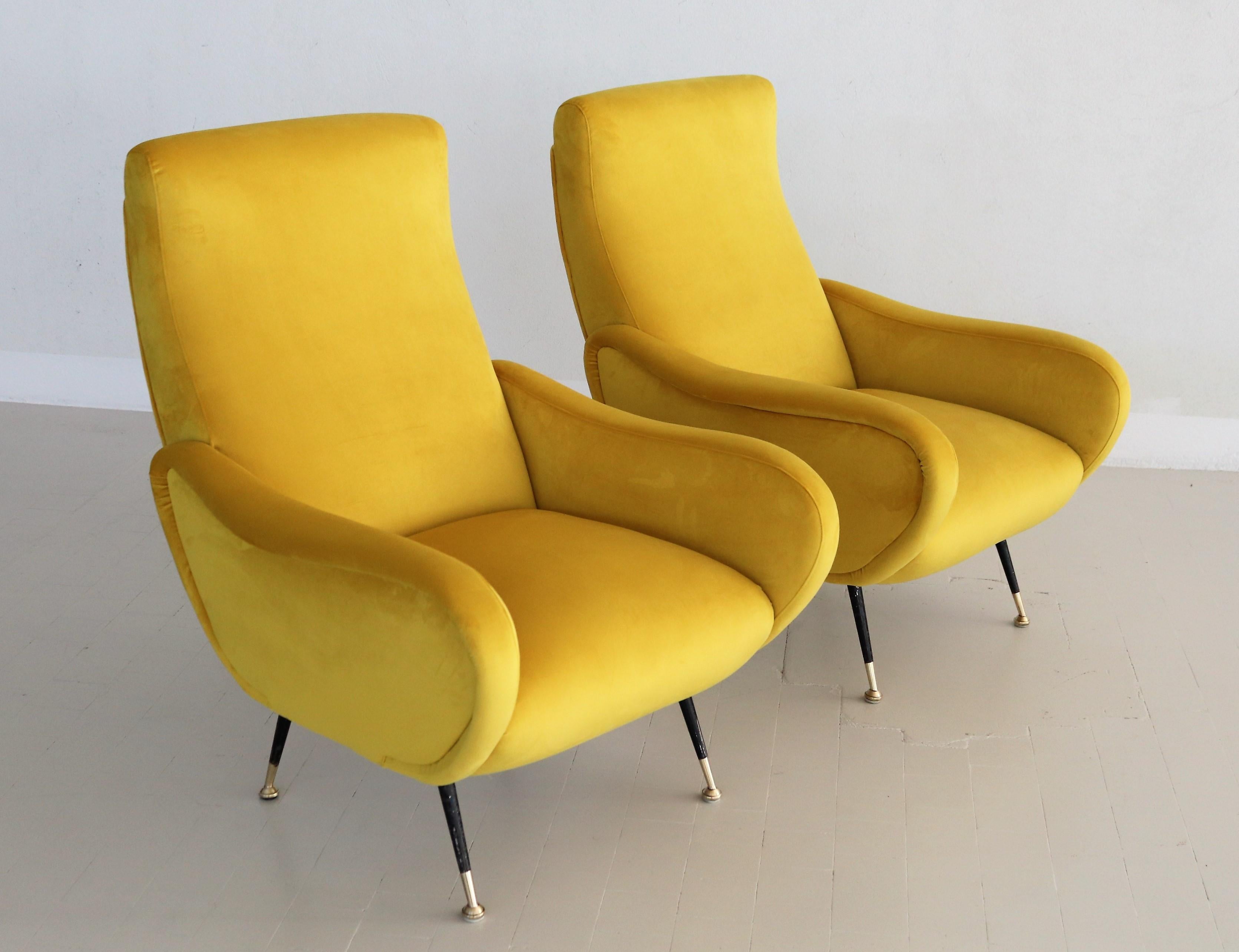 Italian Vintage Armchairs in Yellow Velvet and Brass Stiletto Feet, 1950s 15