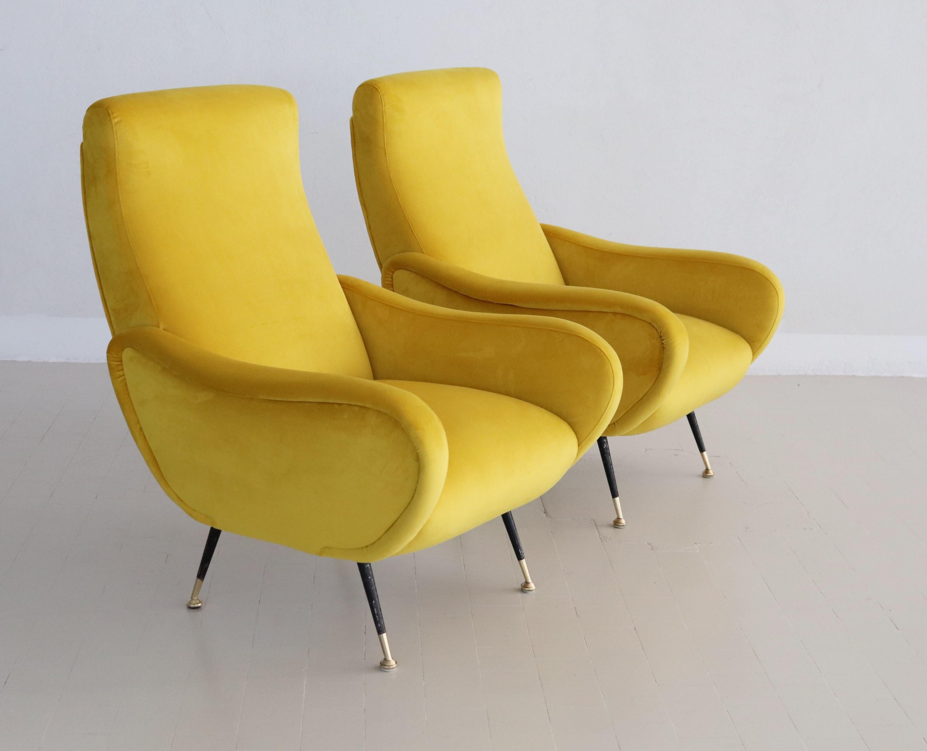 Mid-Century Modern Italian Vintage Armchairs in Yellow Velvet and Brass Stiletto Feet, 1950s