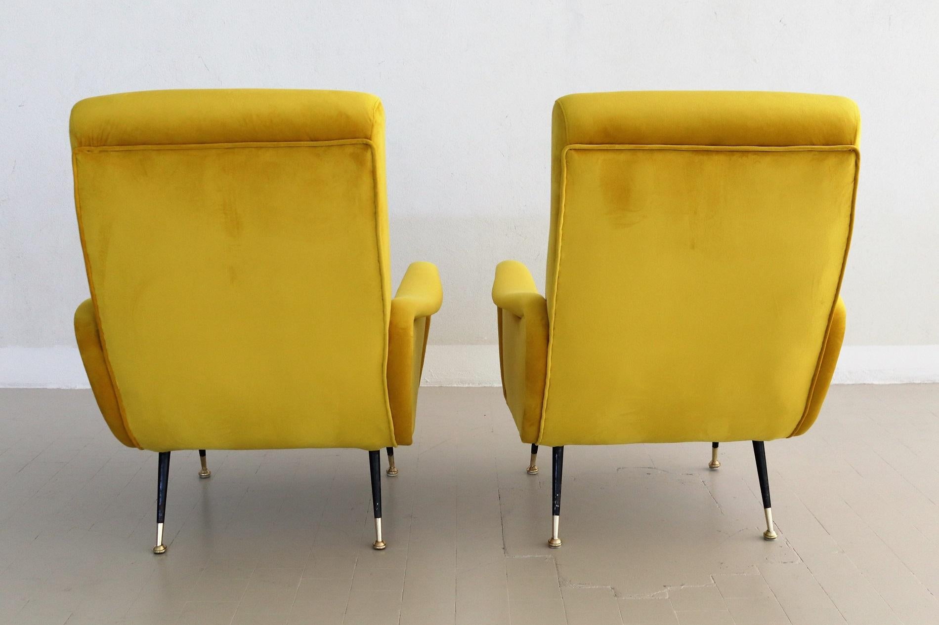 Italian Vintage Armchairs in Yellow Velvet and Brass Stiletto Feet, 1950s 3