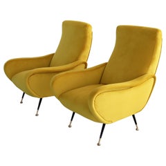 Italian Vintage Armchairs in Yellow Velvet and Brass Stiletto Feet, 1950s