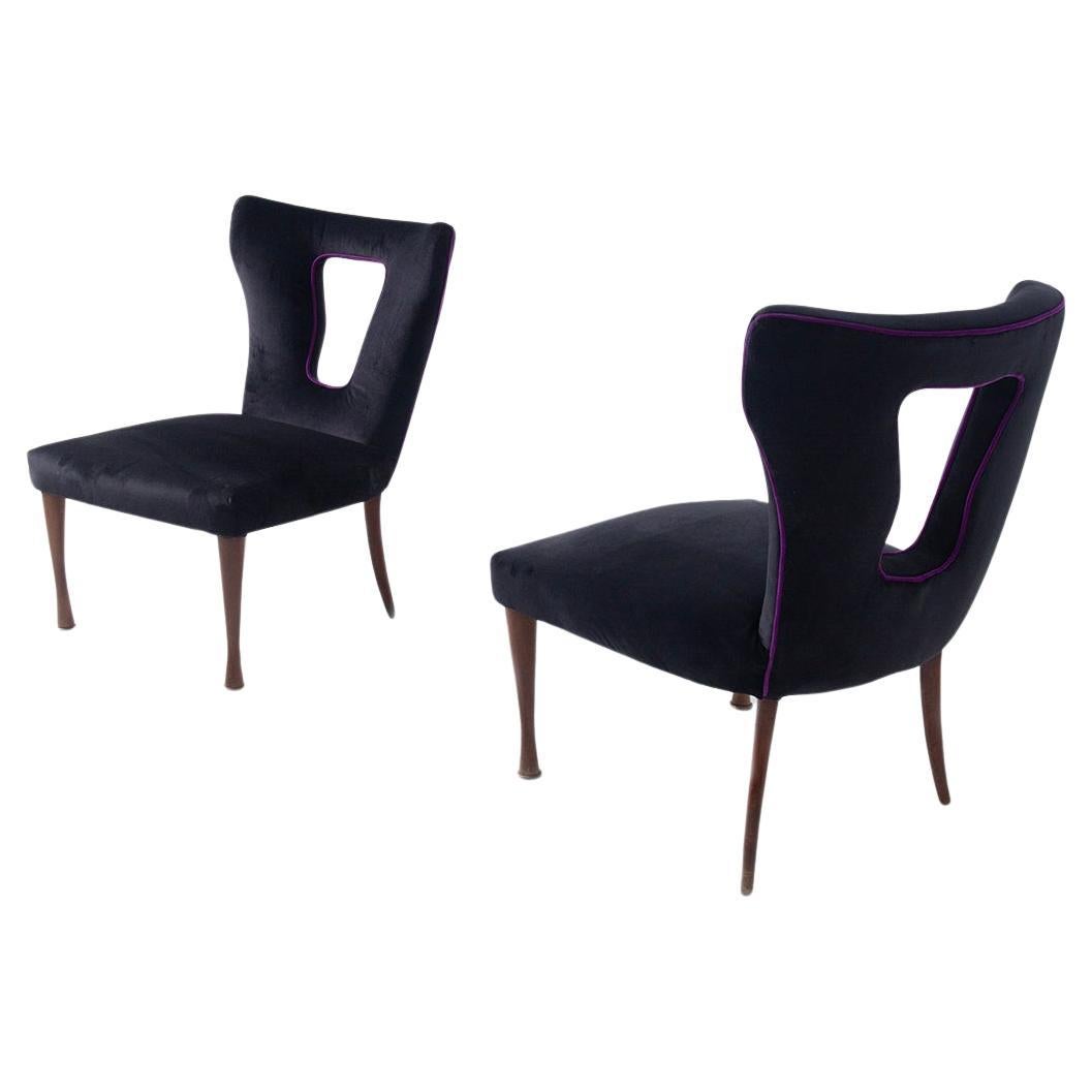 Italian Vintage Armchairs Pair in Black Velvet, Wood and Brass