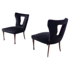Italian Vintage Armchairs Pair in Black Velvet, Wood and Brass