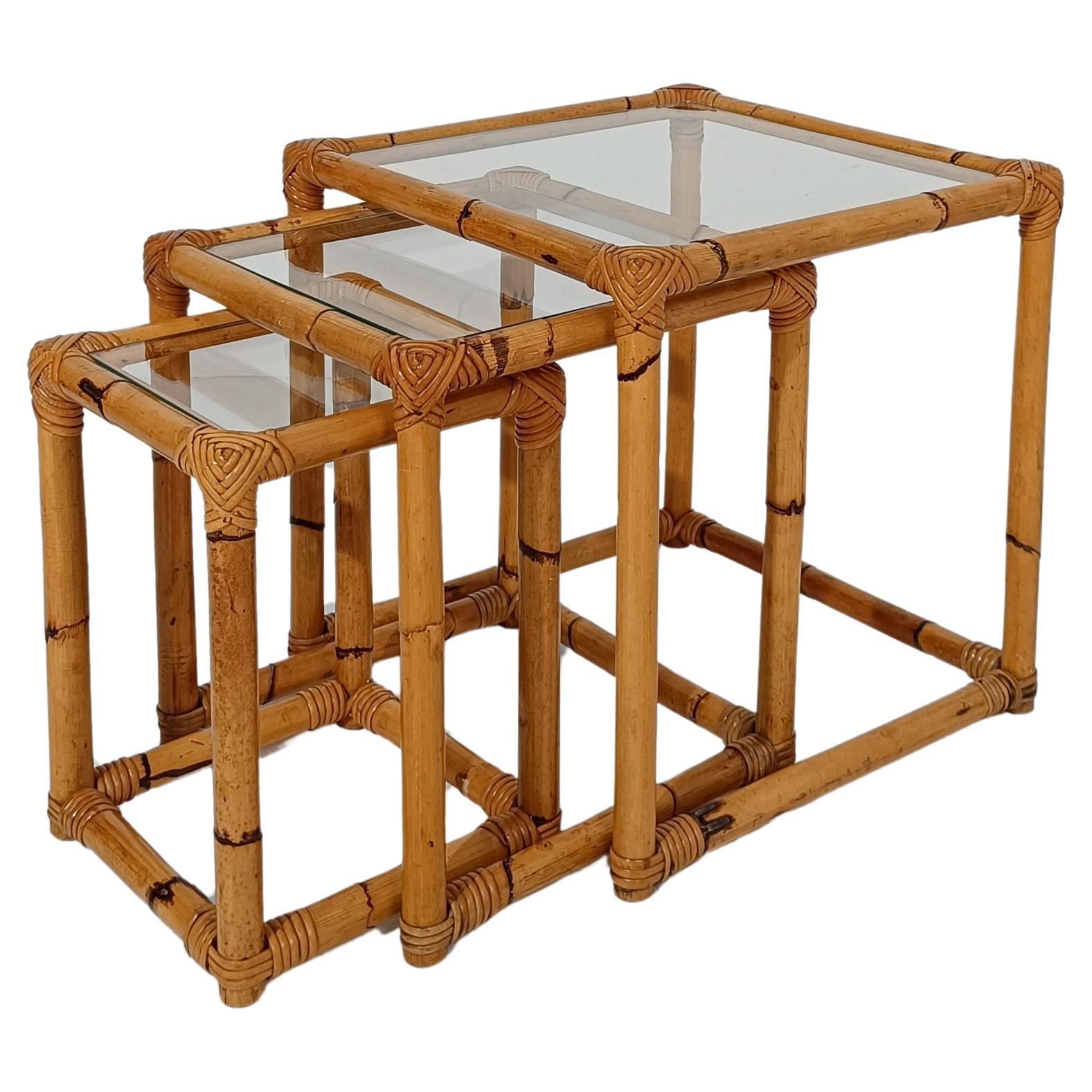 Italian Vintage Bamboo Cane and Rattan Nesting Tables with Clear Glass Top, 60s