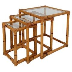 Italian Vintage Bamboo Cane and Rattan Nesting Tables with Clear Glass Top, 60s