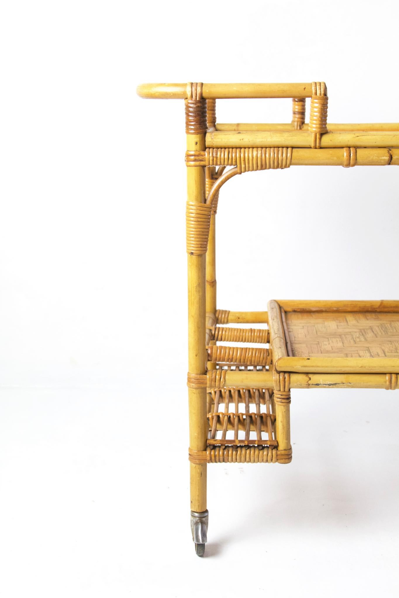 Mid-Century Modern Italian Vintage Bamboo Rattan Bar Cart