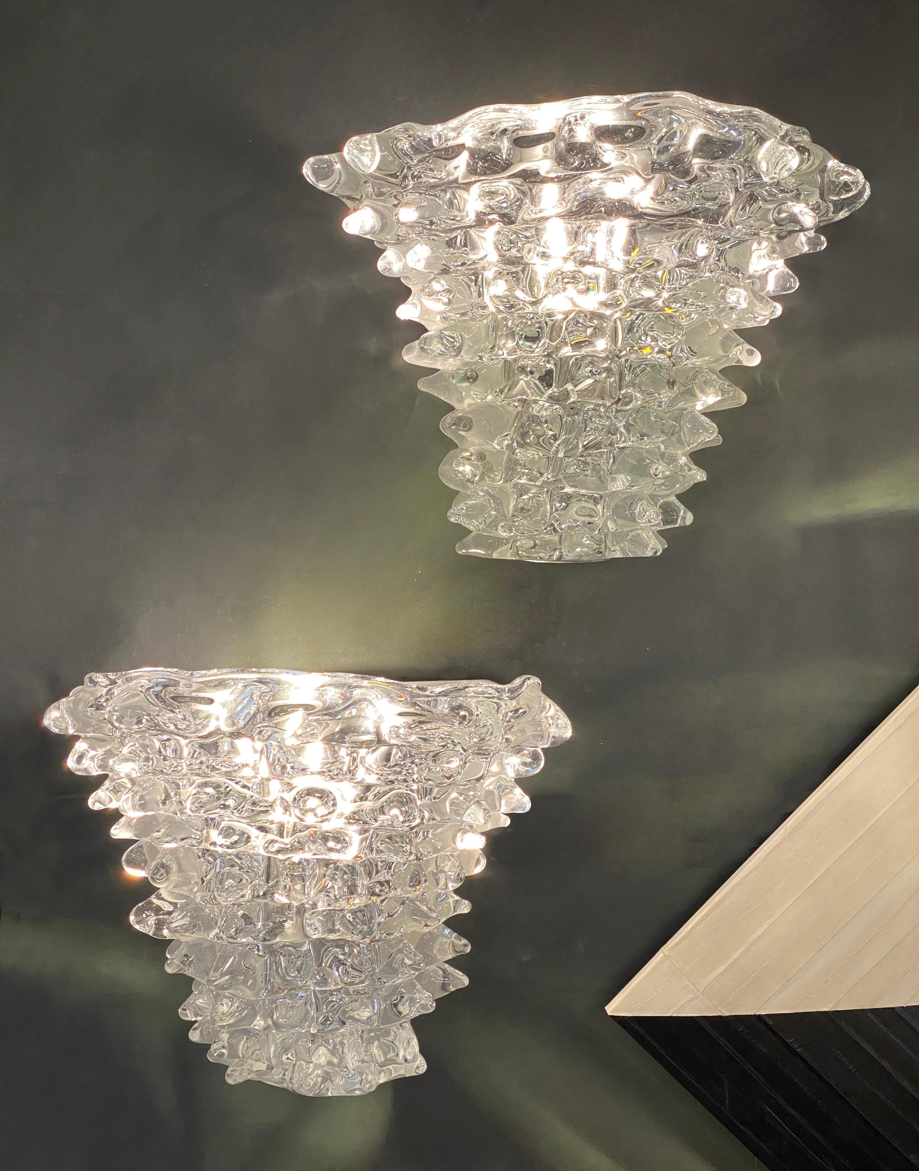 Italian Vintage Barovier Toso Crystal Textured Murano Glass Satin Silver Sconces For Sale 3