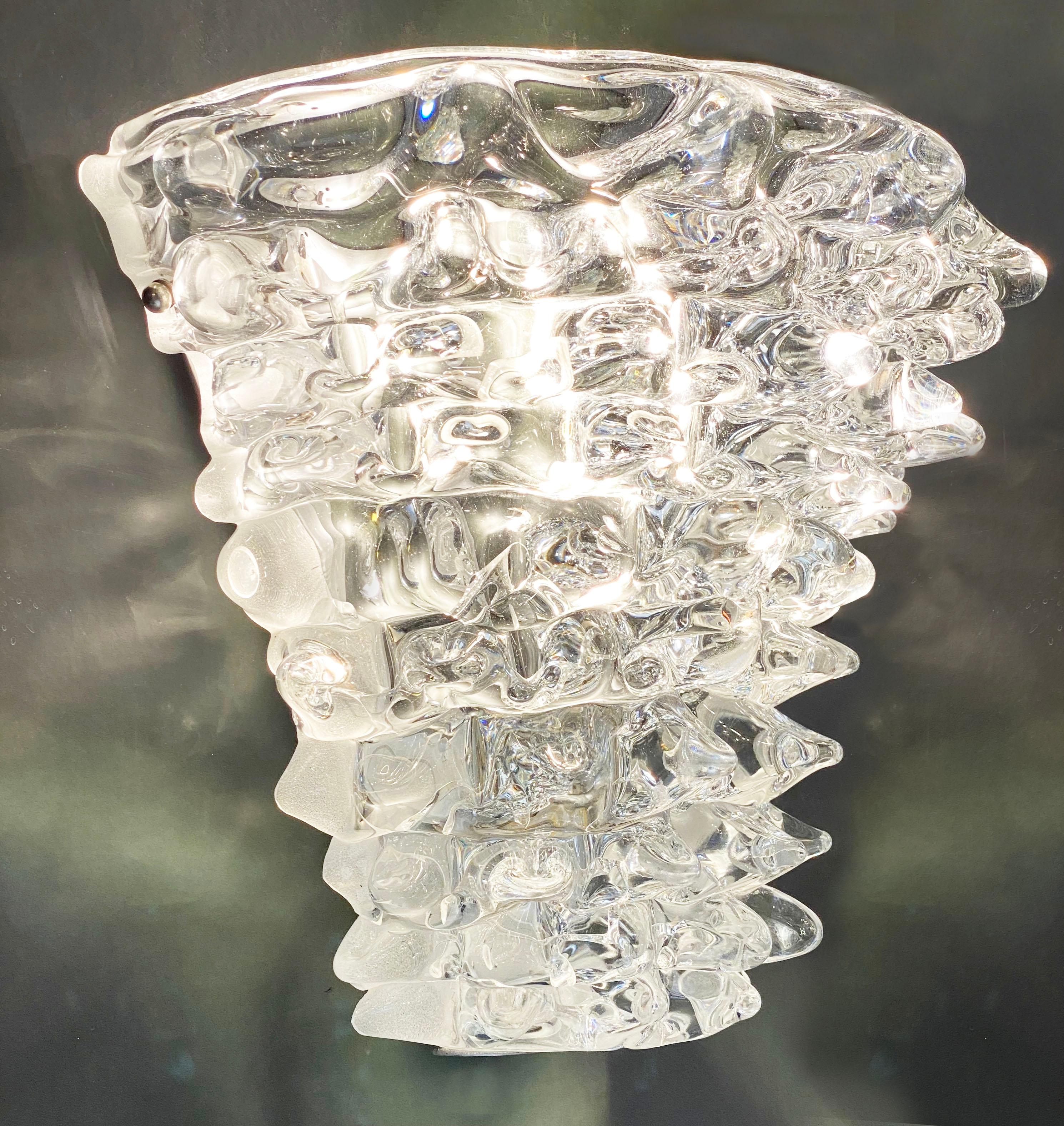 Italian Vintage Barovier Toso Crystal Textured Murano Glass Satin Silver Sconces For Sale 5