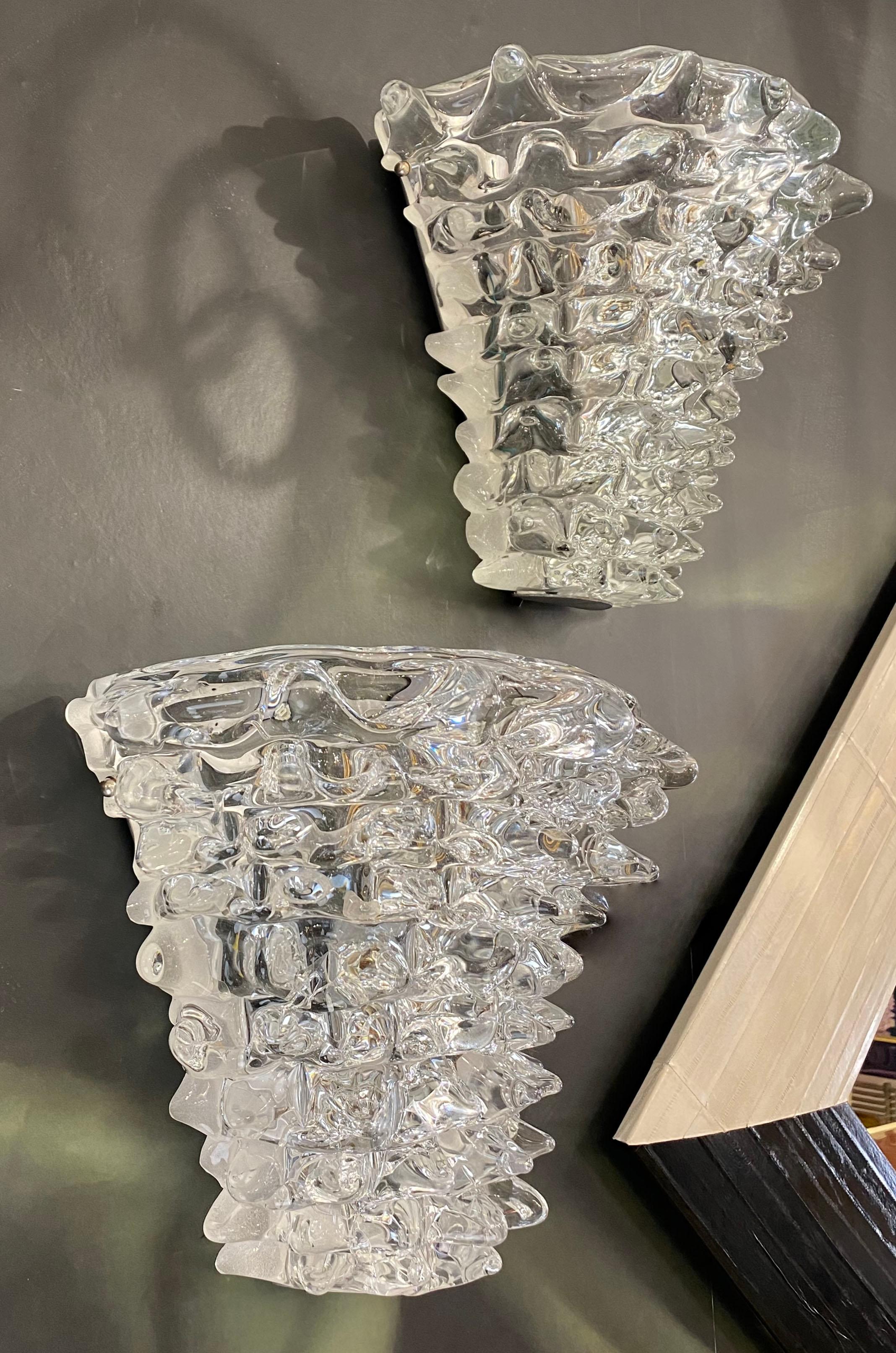 Italian Vintage Barovier Toso Crystal Textured Murano Glass Satin Silver Sconces For Sale 6