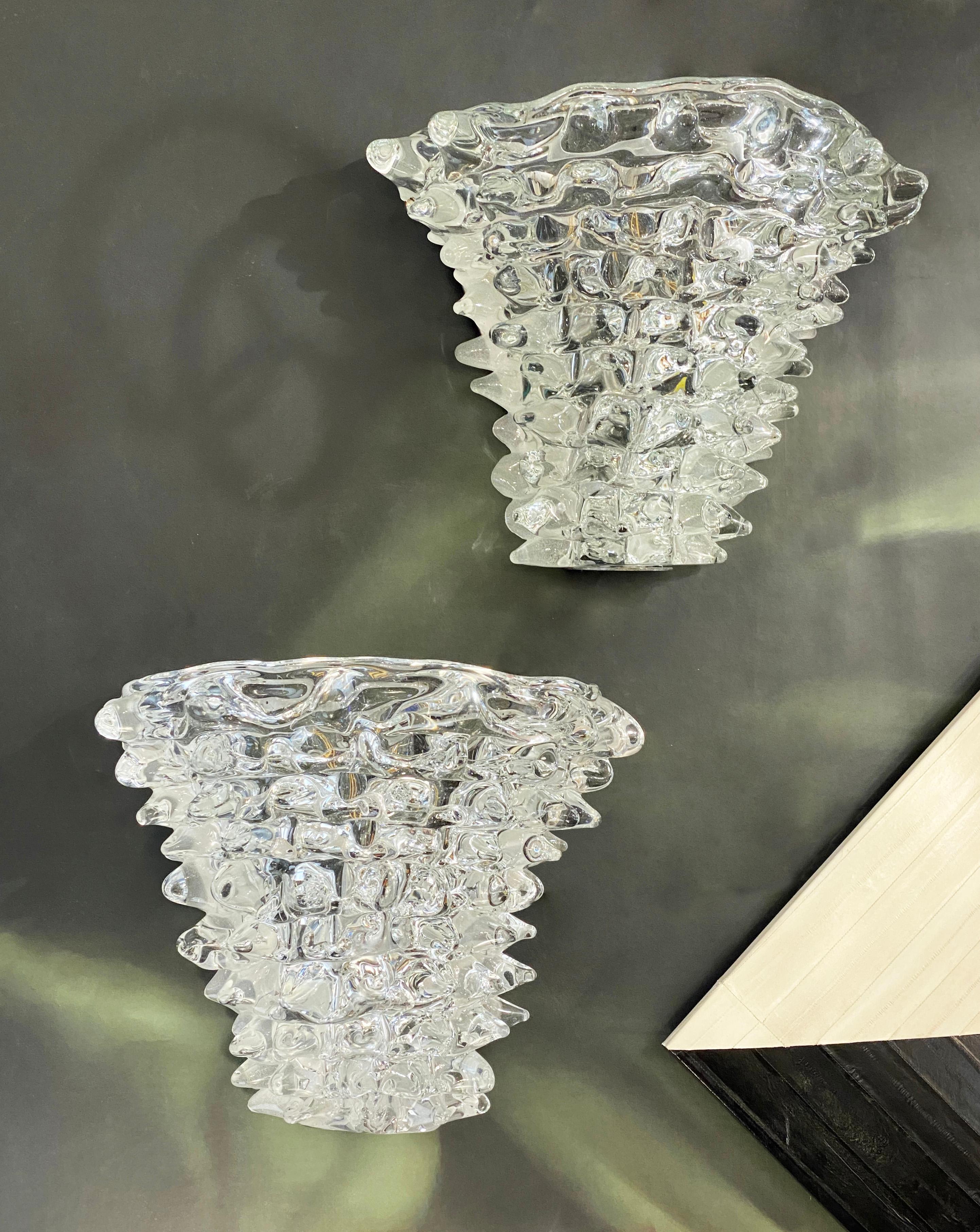 Mid-Century Modern Italian Vintage Barovier Toso Crystal Textured Murano Glass Satin Silver Sconces For Sale